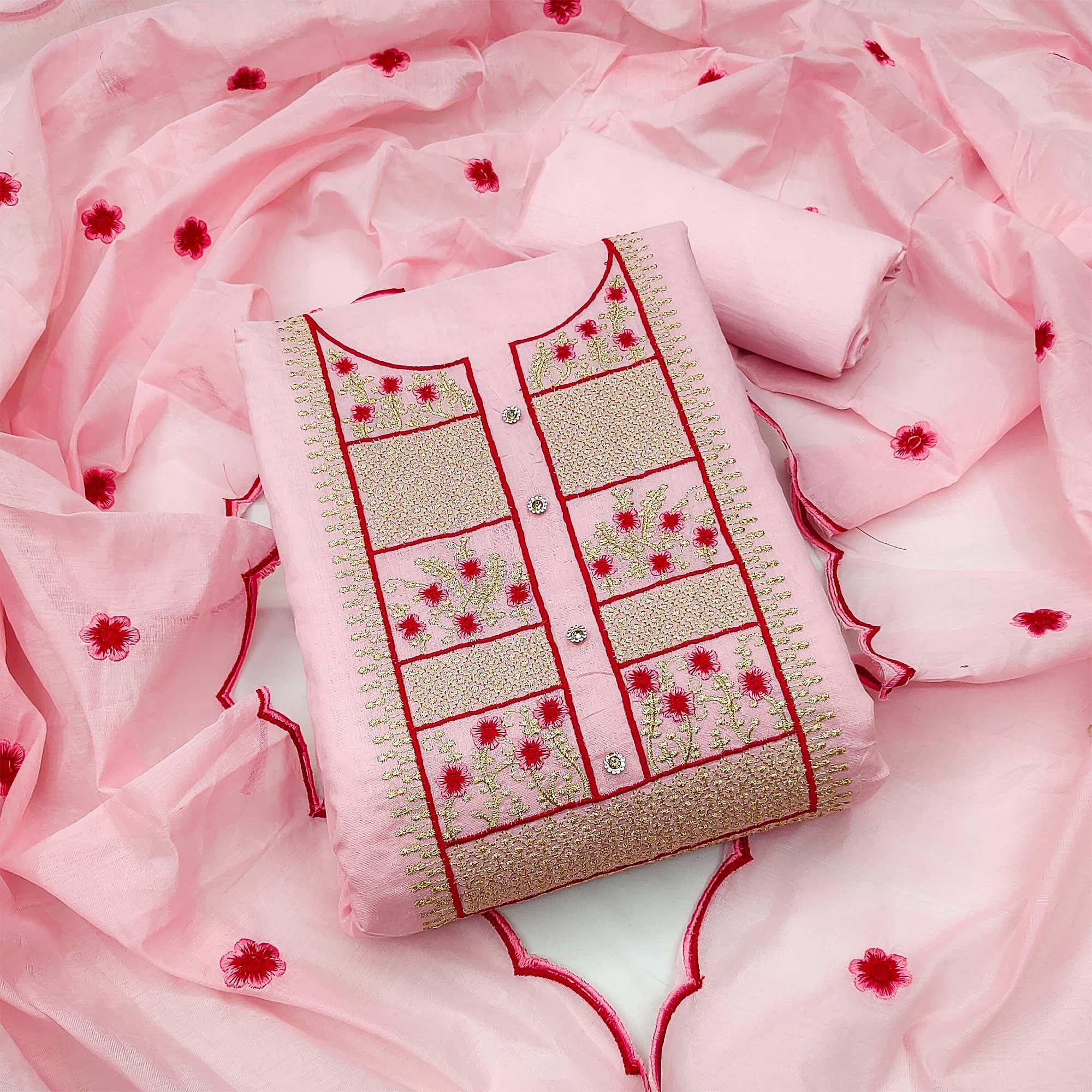 Pink Floral Embroidered Chanderi Dress Material - Peachmode