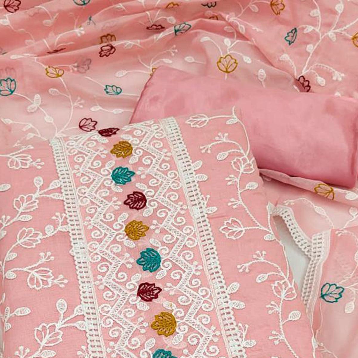 Pink Floral Embroidered Chanderi Dress Material - Peachmode