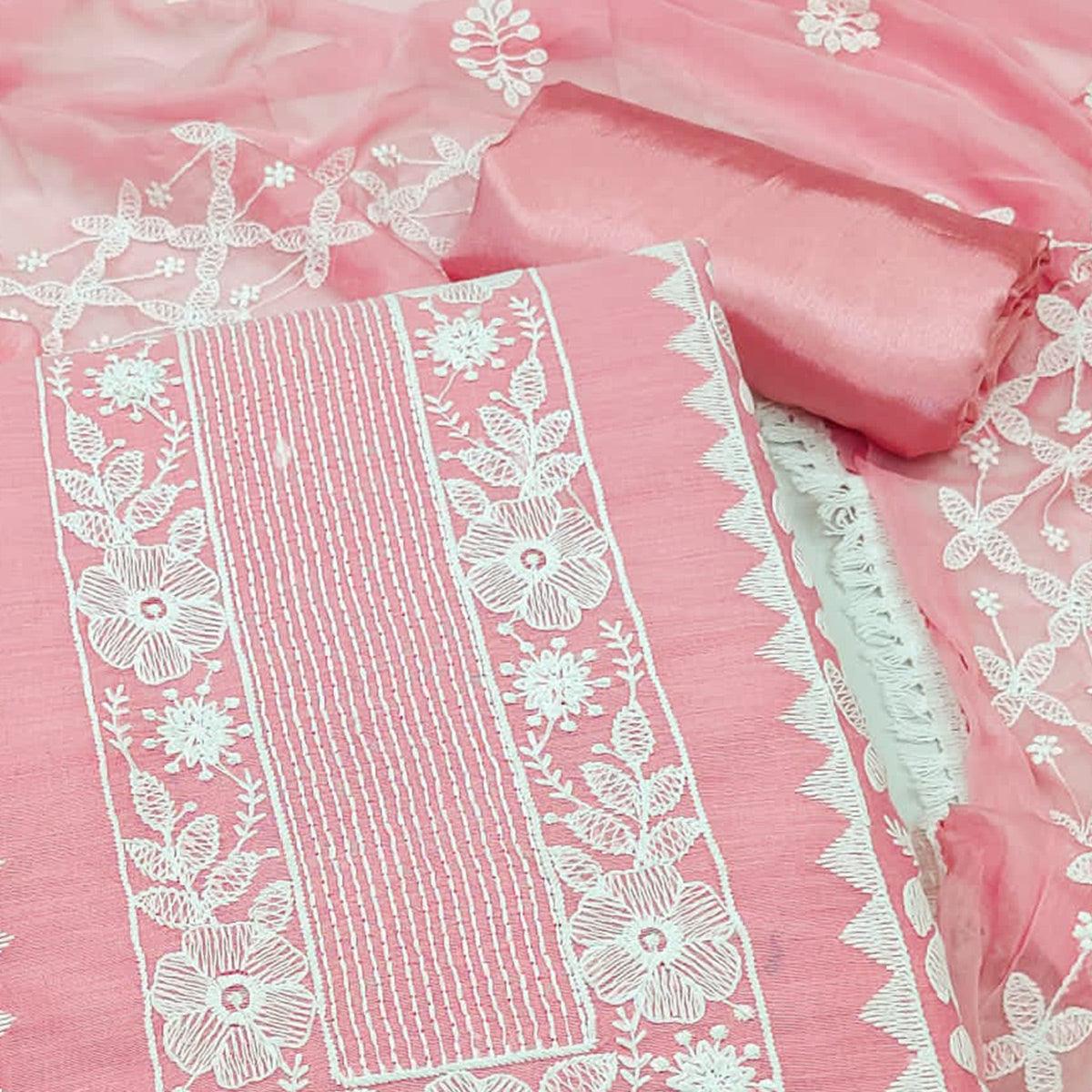 Pink Floral Embroidered Chanderi Dress Material - Peachmode