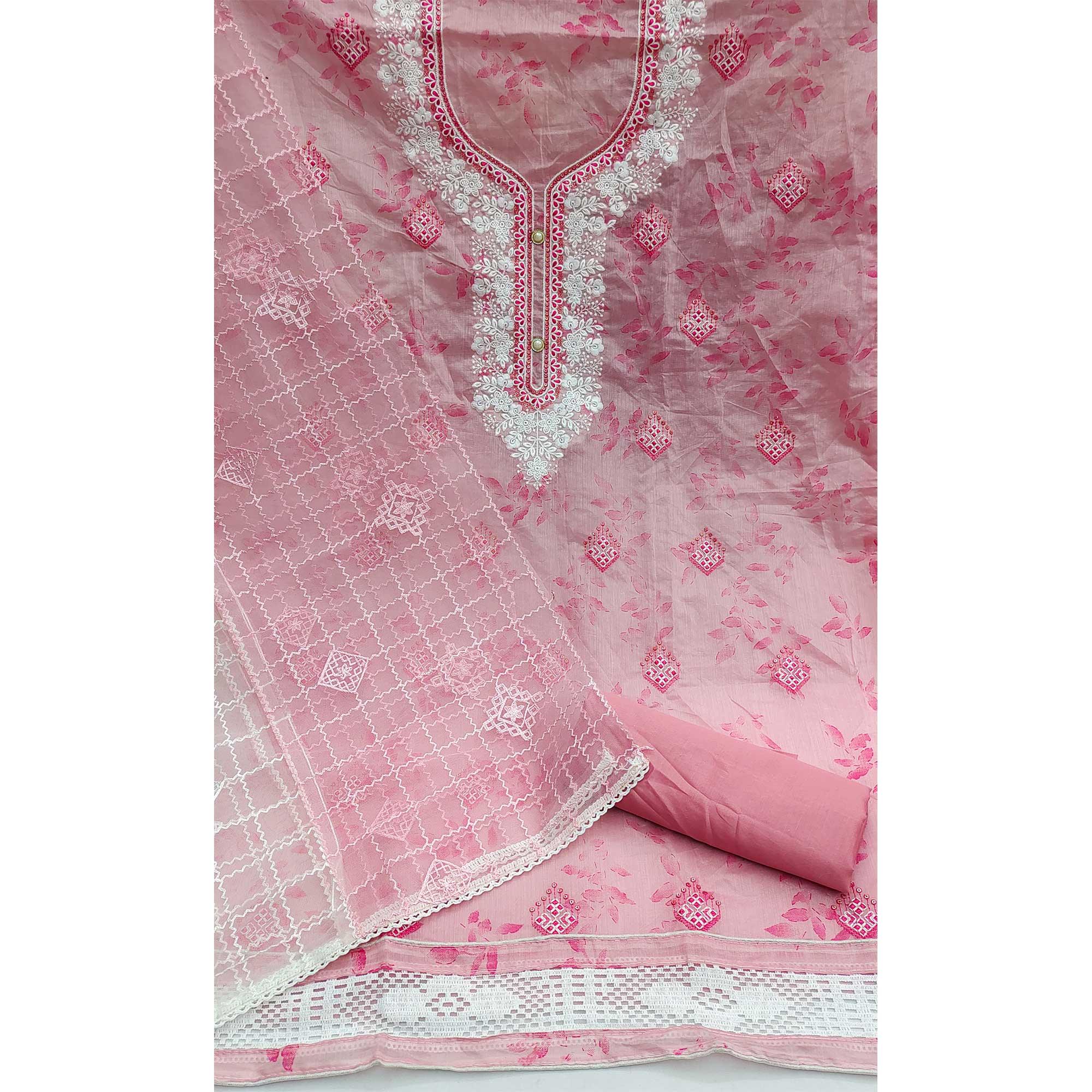 Pink Floral Embroidered Chanderi Dress Material - Peachmode