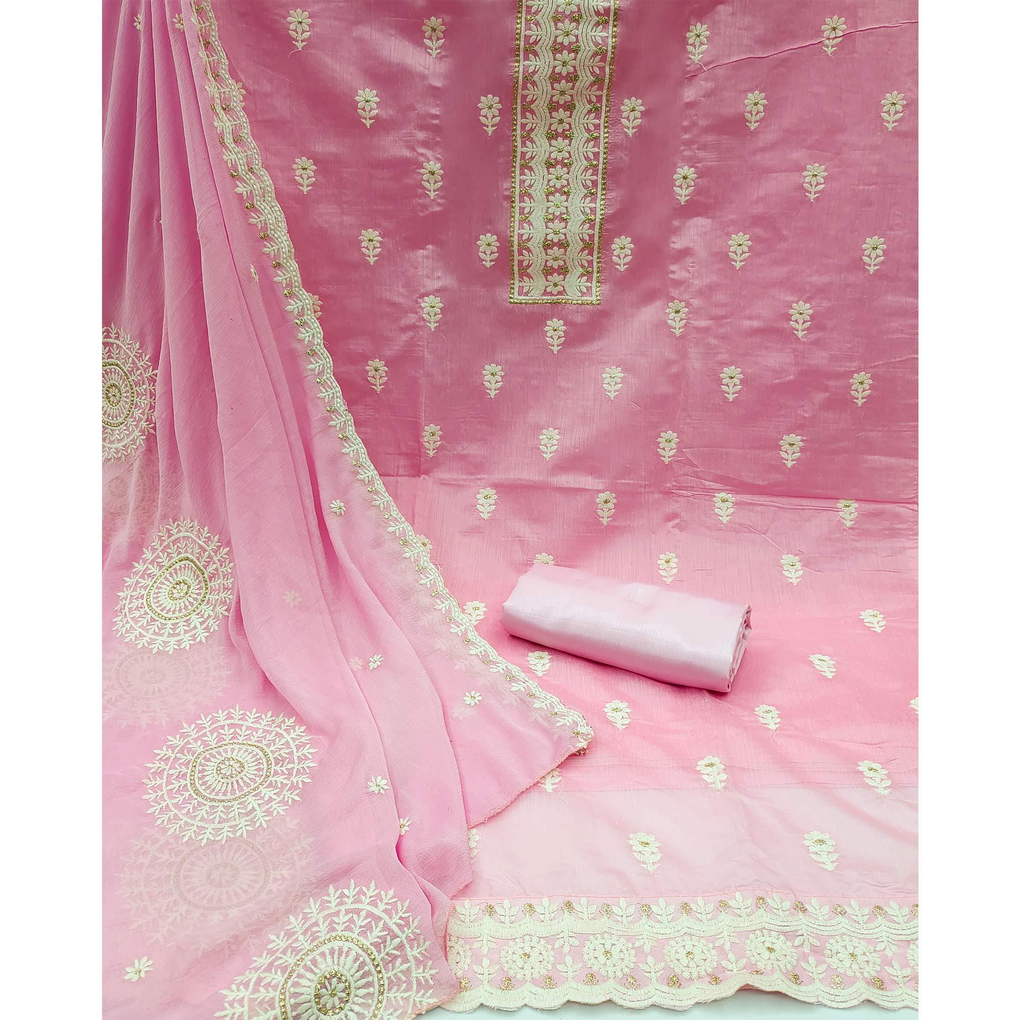 Pink Floral Embroidered Chanderi Dress Material - Peachmode