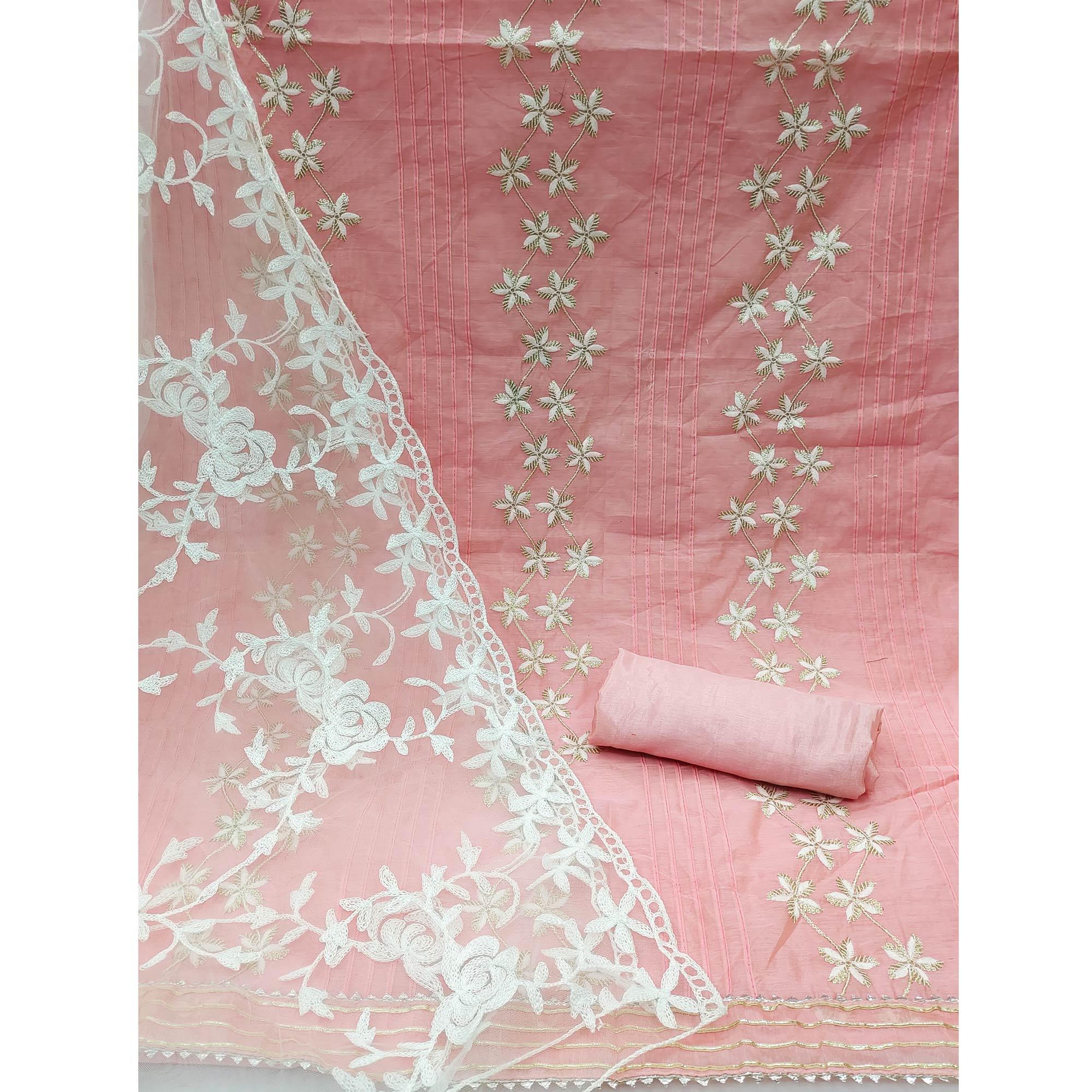 Pink Floral Embroidered Chanderi Dress Material - Peachmode