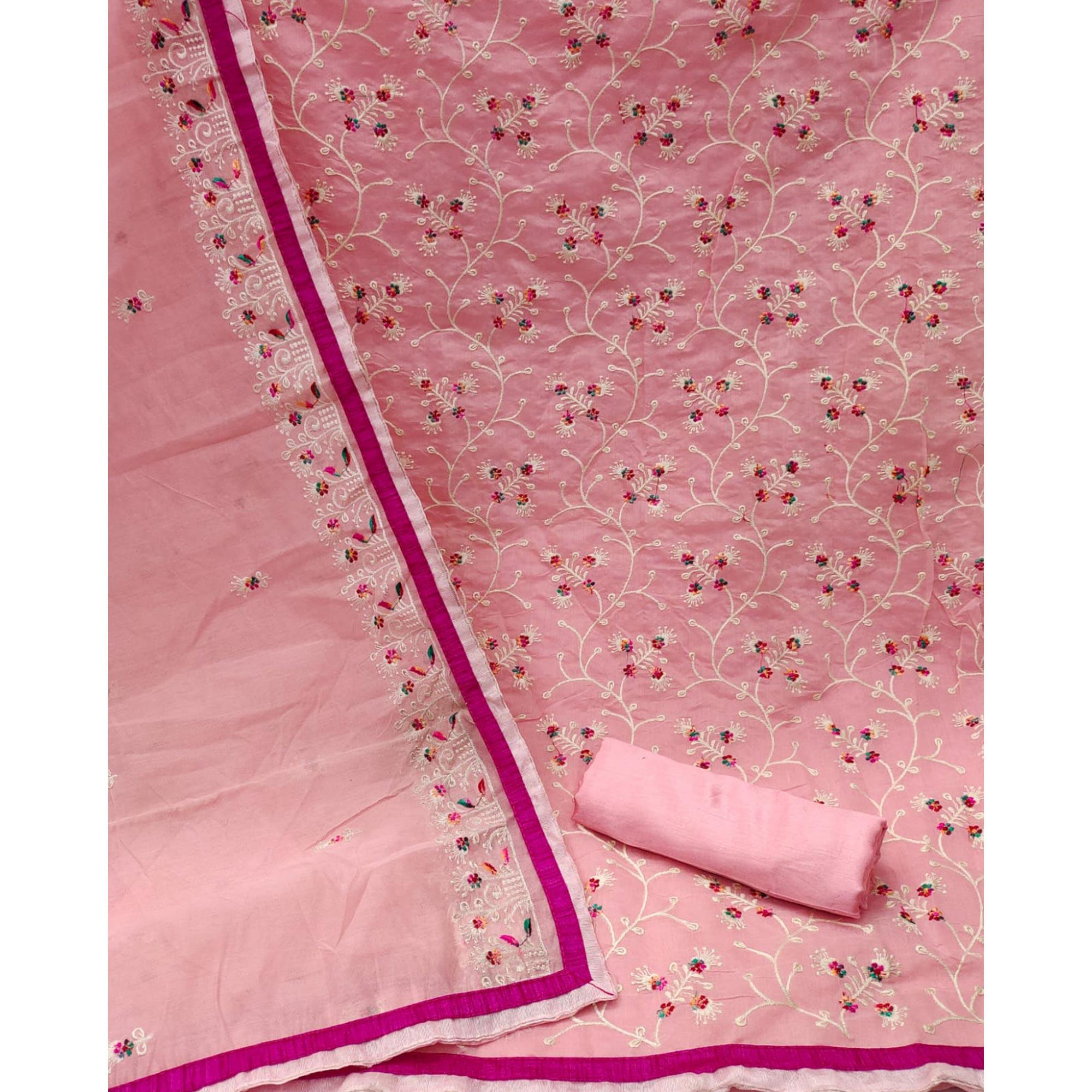 Pink Floral Embroidered Chanderi Dress Material - Peachmode