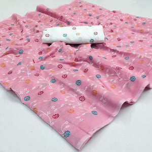 Pink Floral Embroidered Chanderi Saree - Peachmode