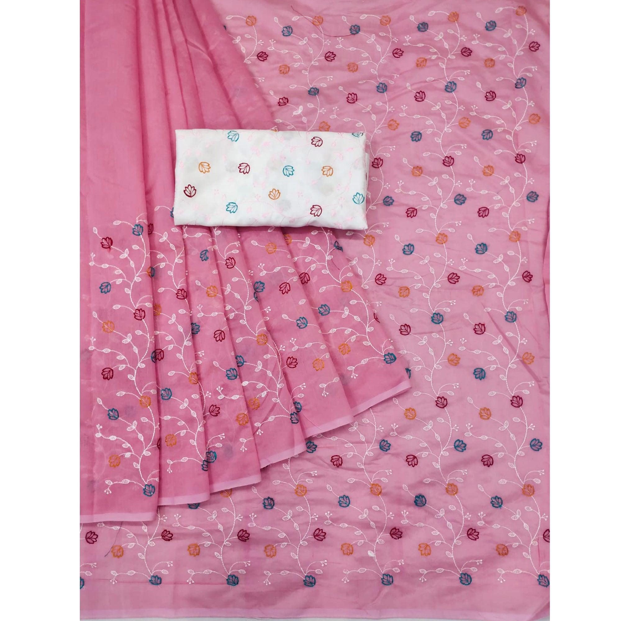 Pink Floral Embroidered Chanderi Saree - Peachmode