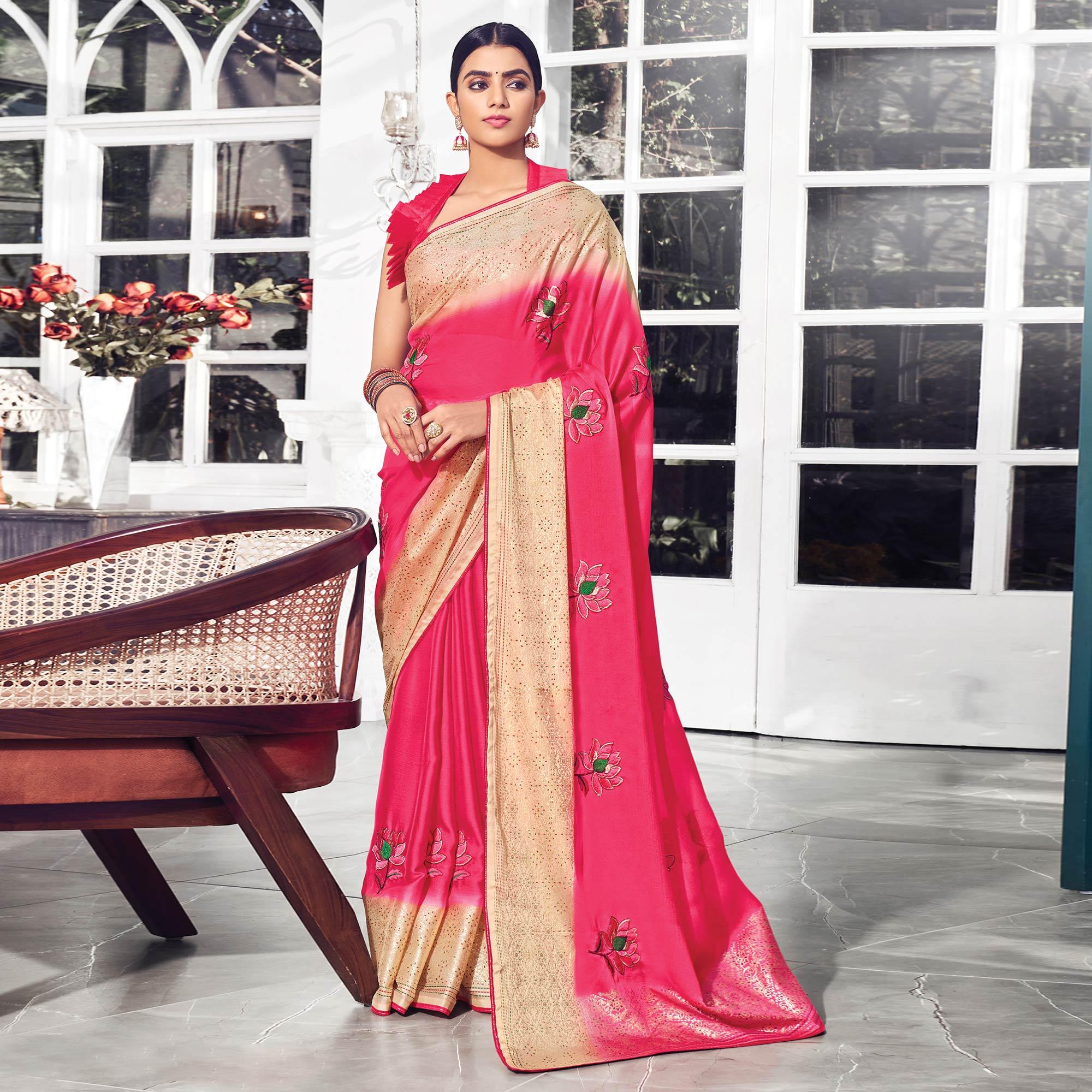 Pink Floral Embroidered Chiffon Saree - Peachmode