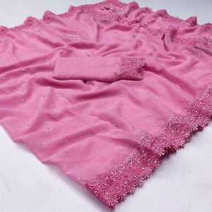 Pink Floral Embroidered Chiffon Saree - Peachmode