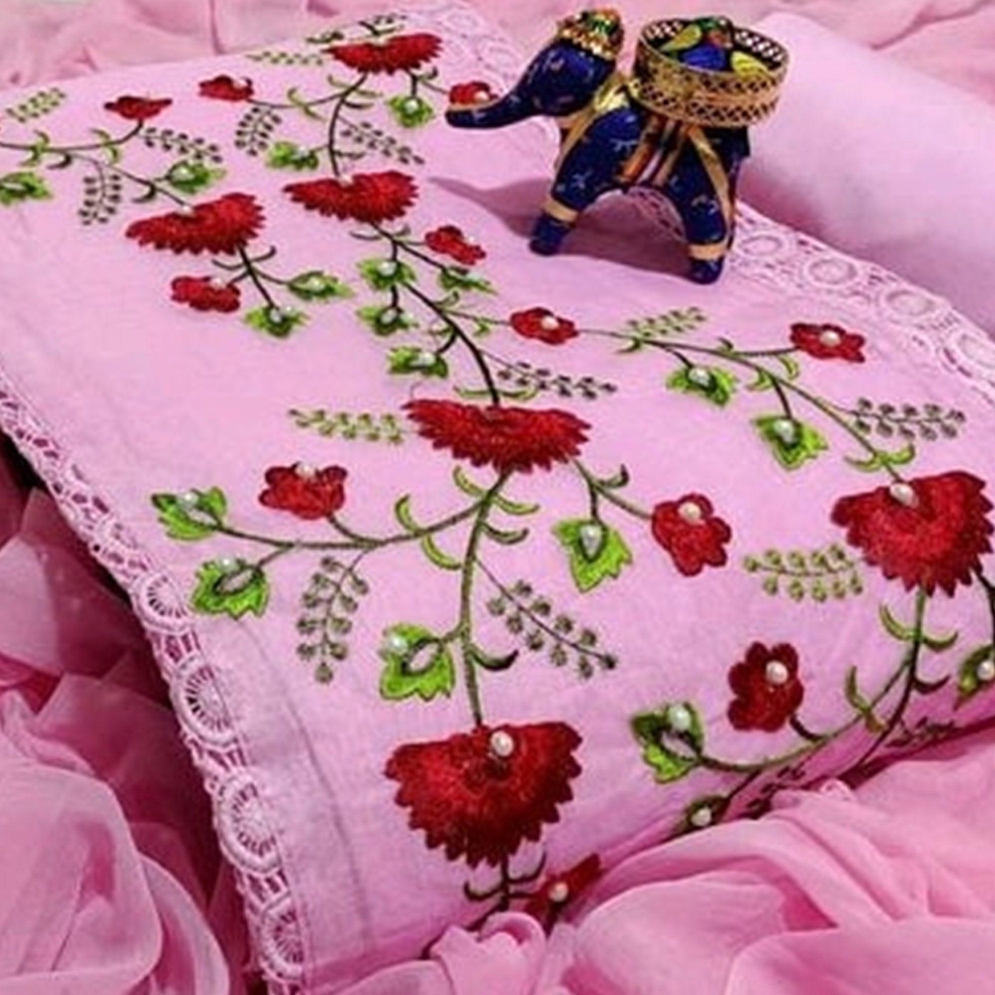 Pink Floral Embroidered Cotton Blend Dress Material - Peachmode