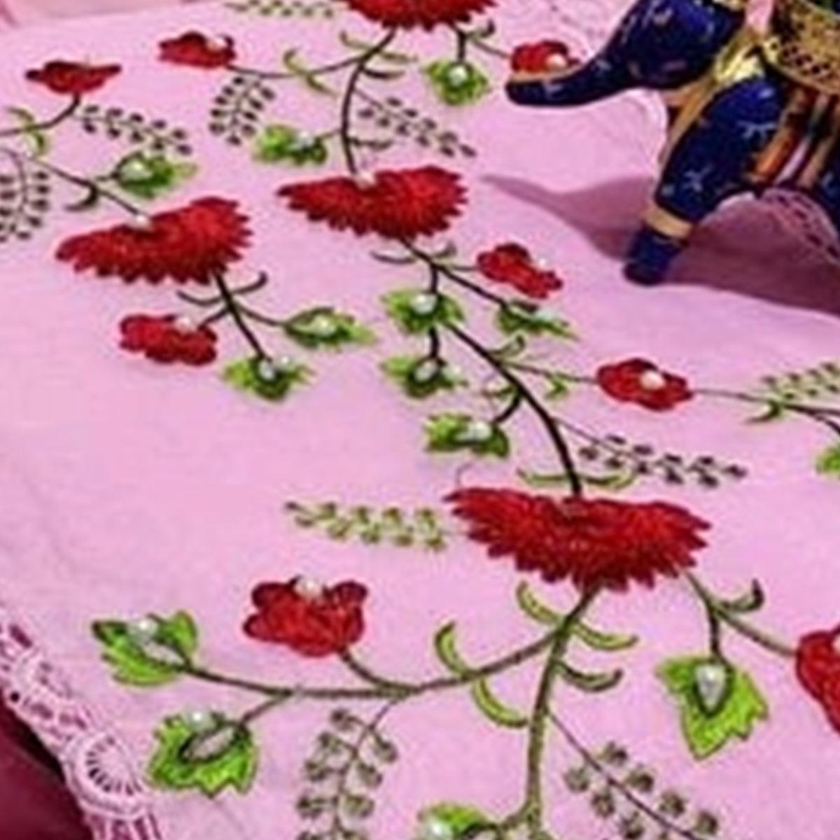 Pink Floral Embroidered Cotton Blend Dress Material - Peachmode