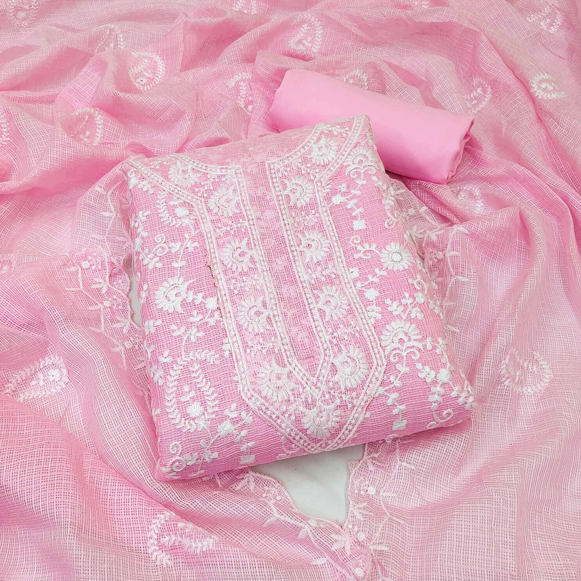 Pink Floral Embroidered Cotton Dress Material - Peachmode