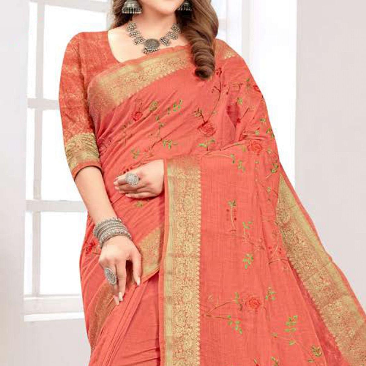 Pink Floral Embroidered Cotton Silk Saree With Tassels - Peachmode