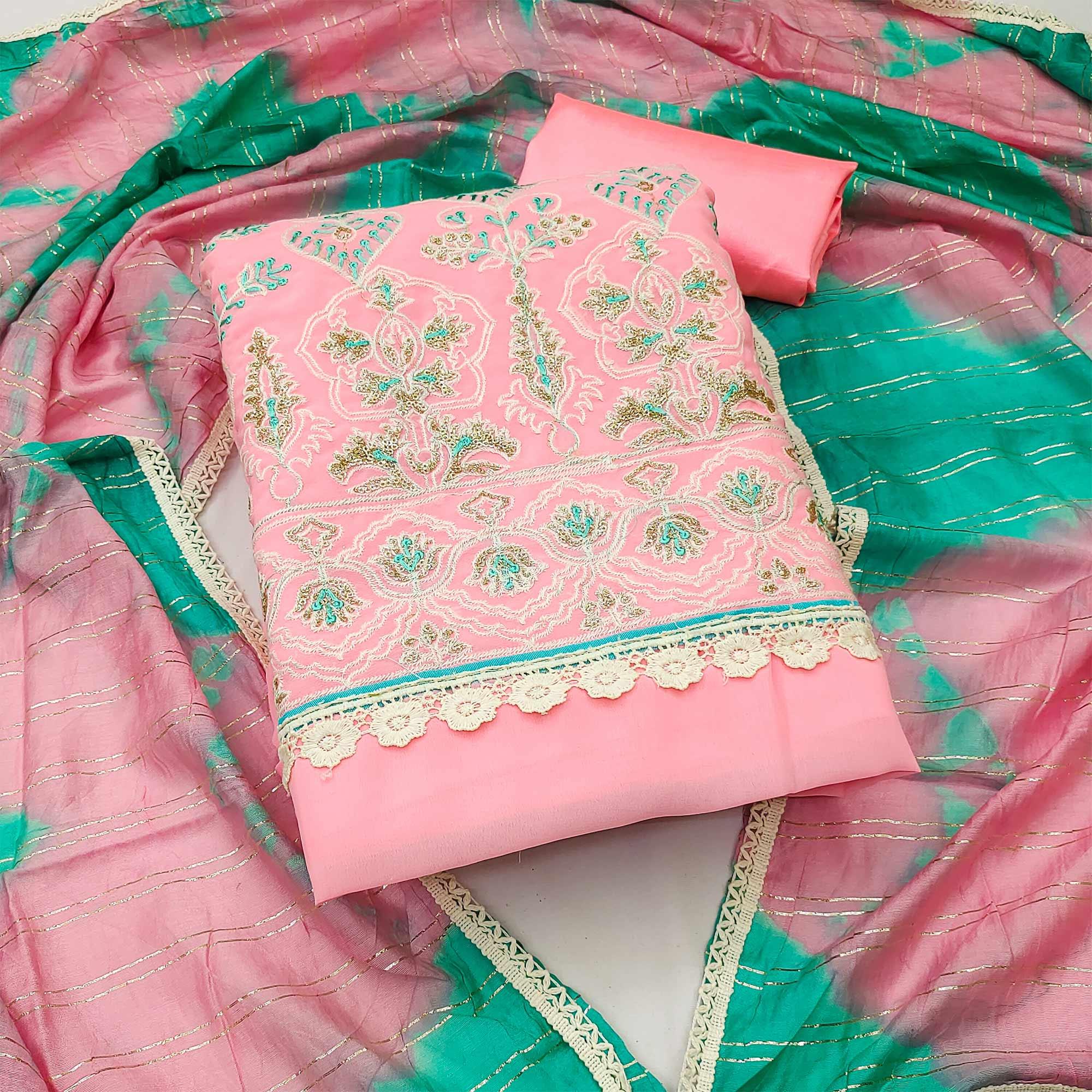Pink Floral Embroidered Georgette Dress Material - Peachmode