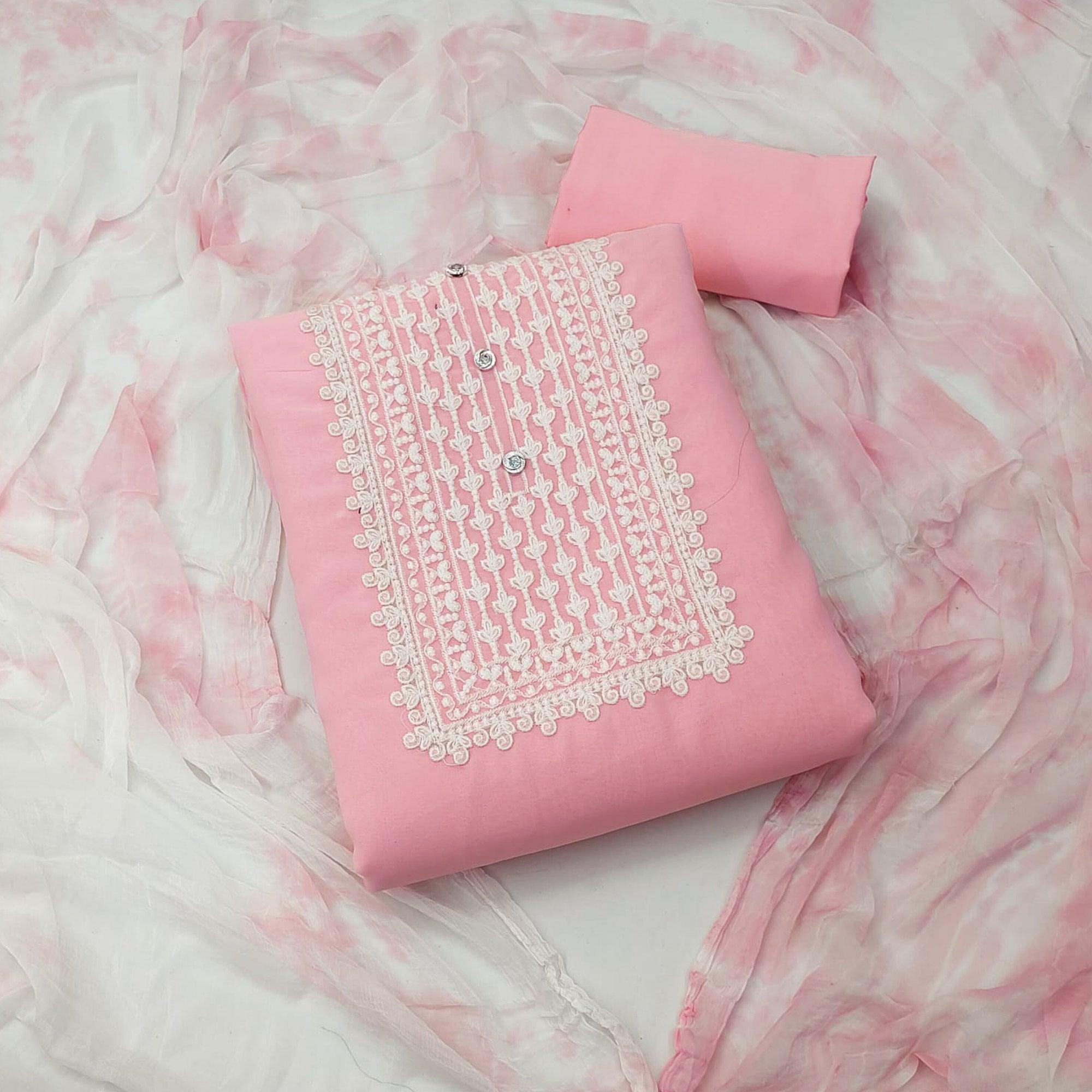 Pink Floral Embroidered Georgette Dress Material - Peachmode