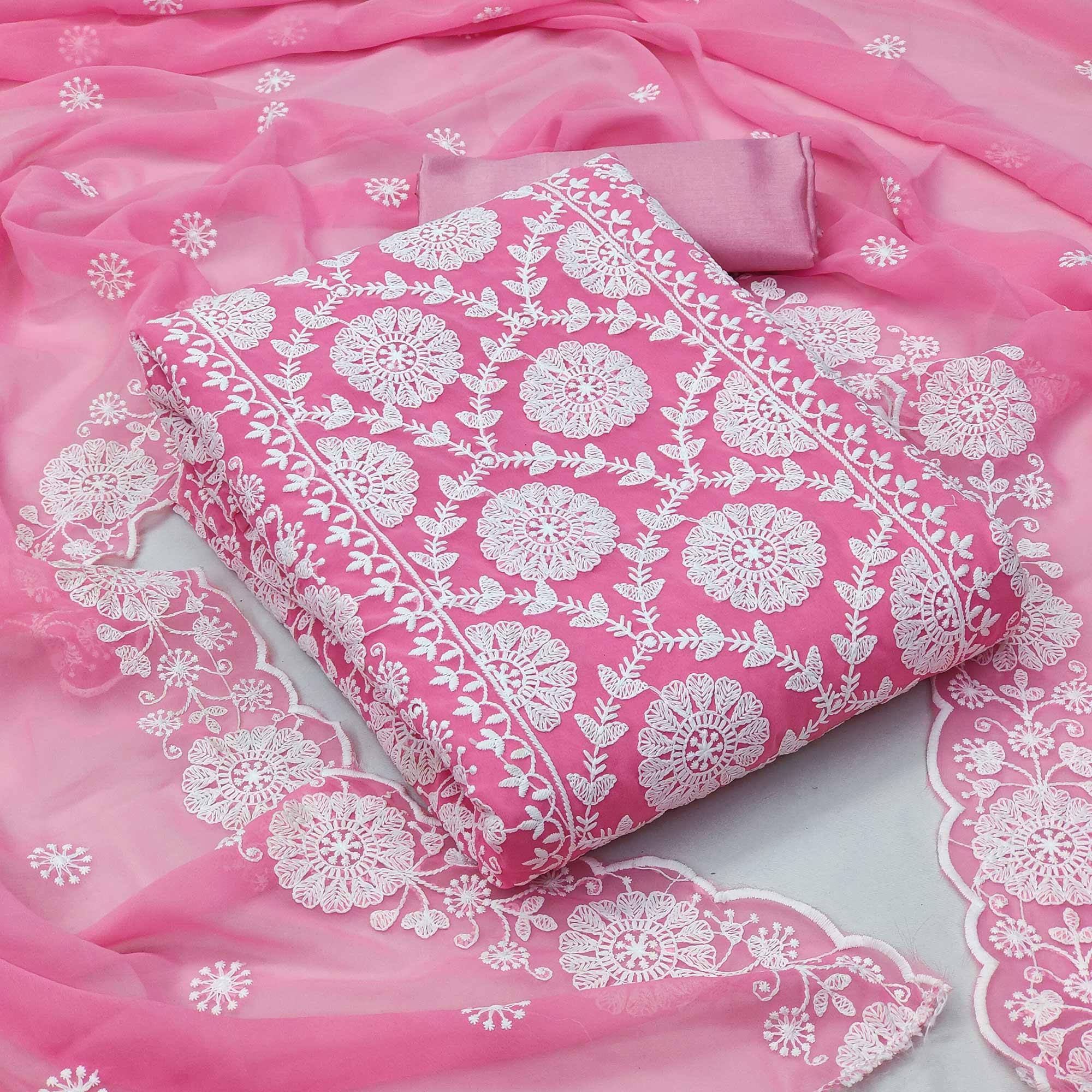 Pink Floral Embroidered Georgette Dress Material - Peachmode