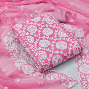 Pink Floral Embroidered Georgette Dress Material - Peachmode