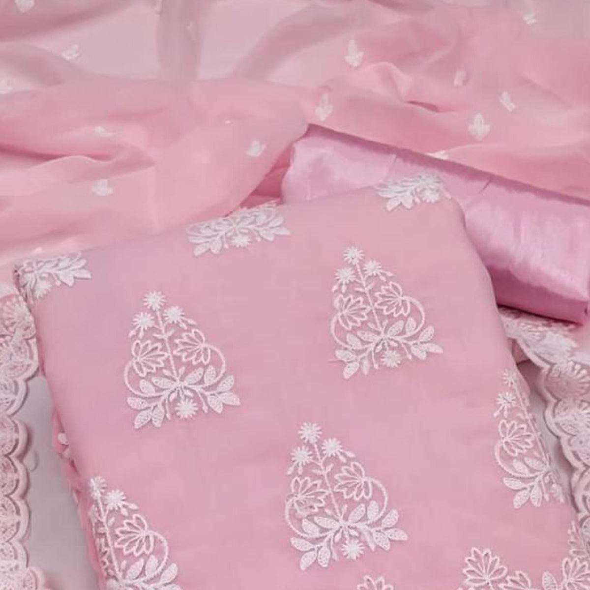 Pink Floral Embroidered Georgette Dress Material - Peachmode
