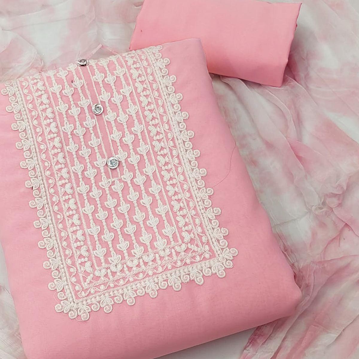 Pink Floral Embroidered Georgette Dress Material - Peachmode