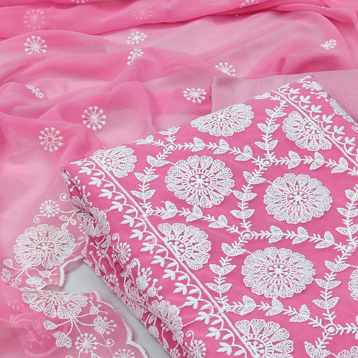 Pink Floral Embroidered Georgette Dress Material - Peachmode