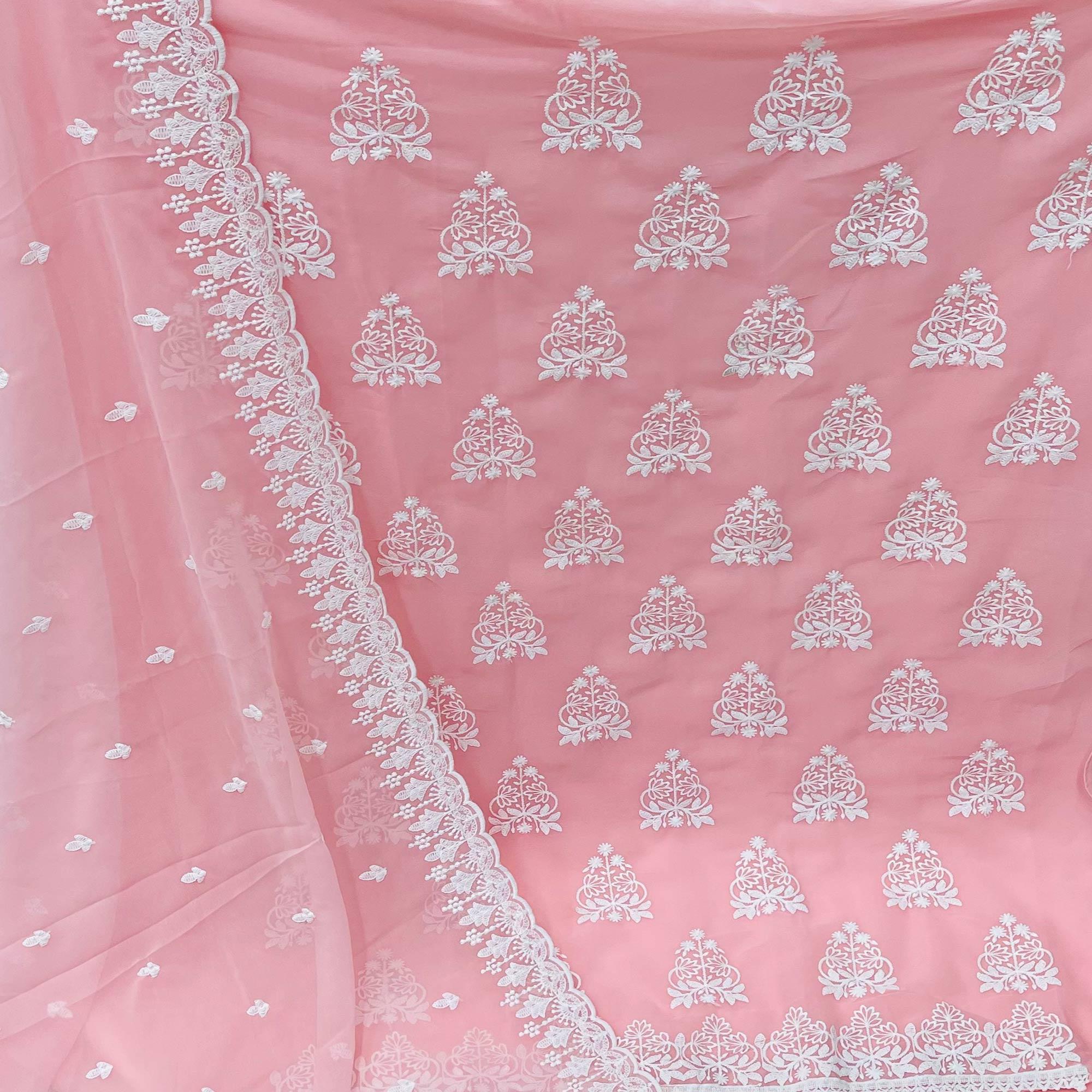Pink Floral Embroidered Georgette Dress Material - Peachmode