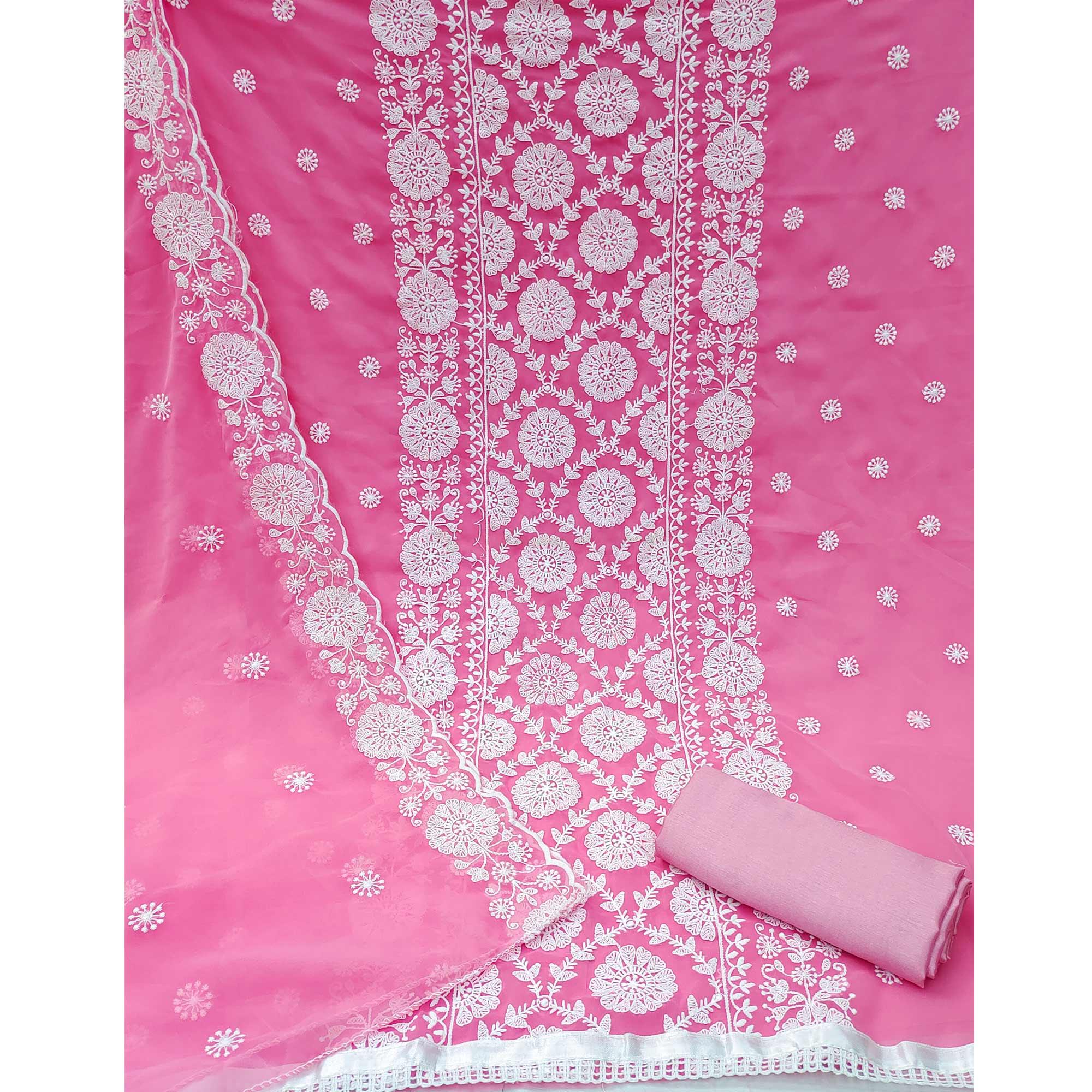 Pink Floral Embroidered Georgette Dress Material - Peachmode