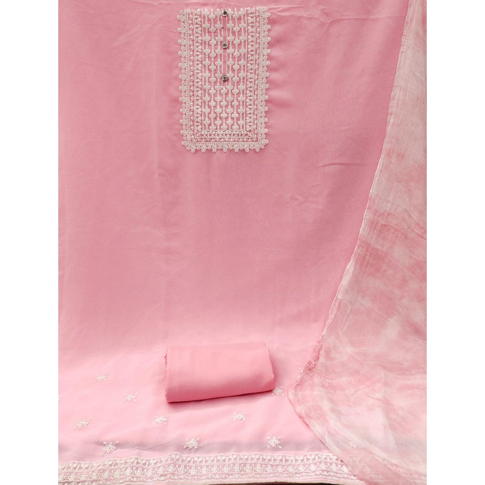 Pink Floral Embroidered Georgette Dress Material - Peachmode