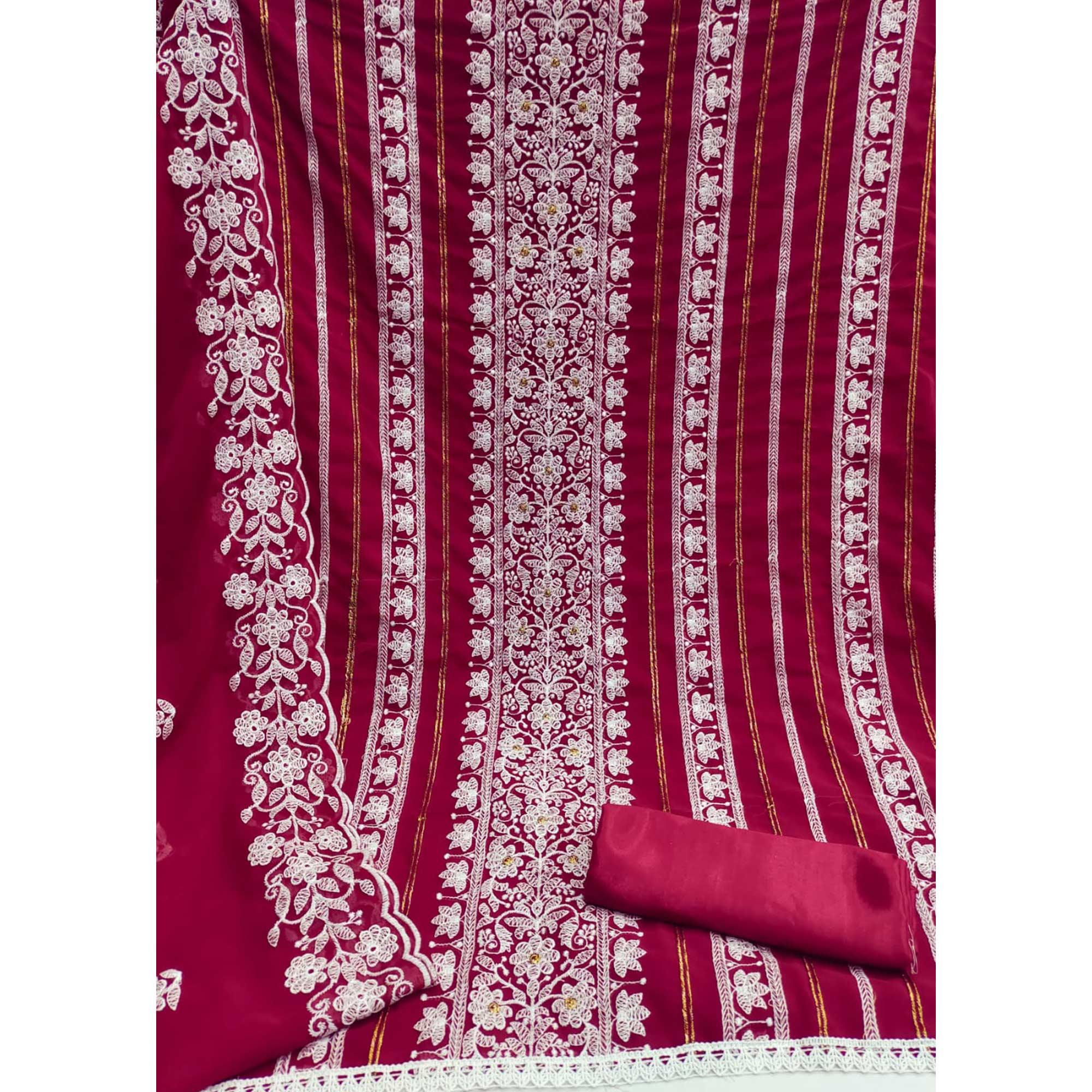 Pink Floral Embroidered Georgette Dress Material - Peachmode