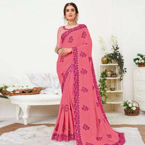 Pink Floral Embroidered Georgette Saree - Peachmode