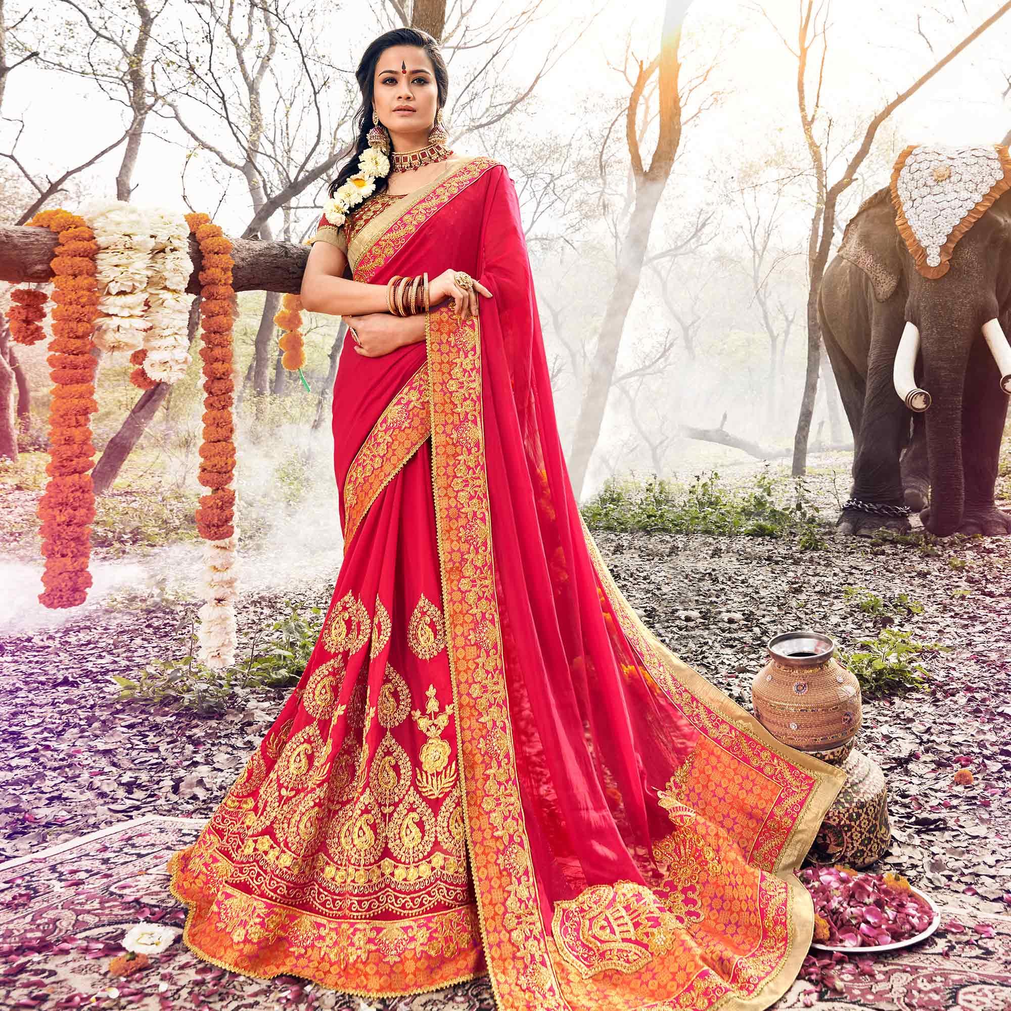Pink Floral Embroidered Georgette Saree - Peachmode