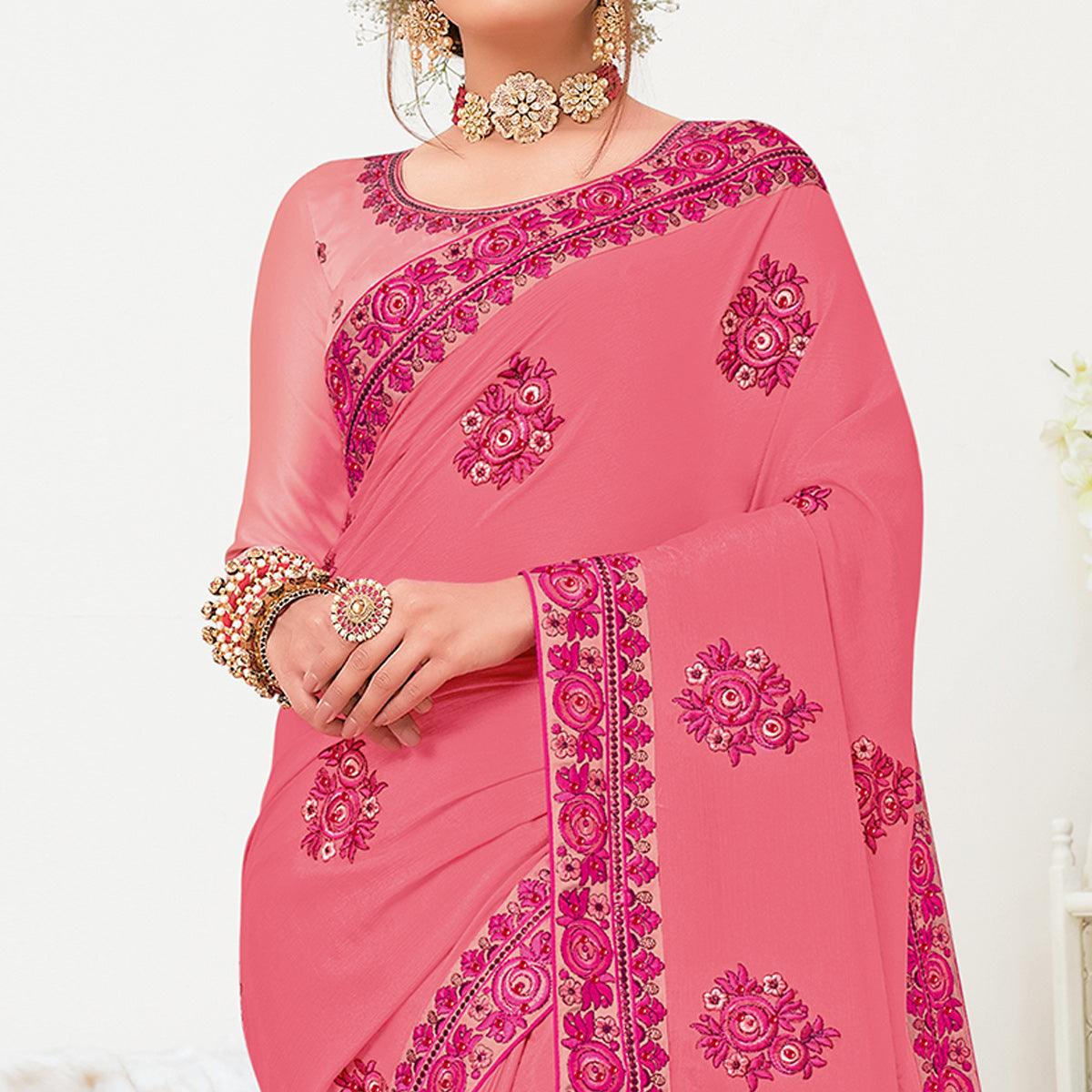 Pink Floral Embroidered Georgette Saree - Peachmode