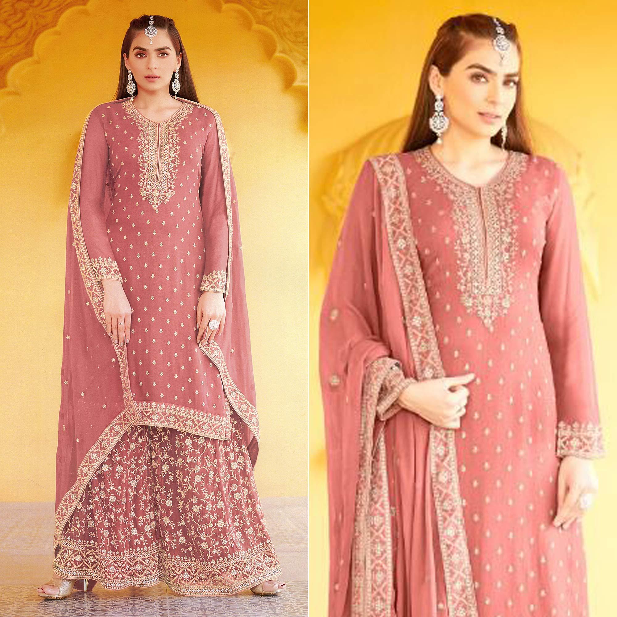 Pink Floral Embroidered Georgette Sharara Suit - Peachmode