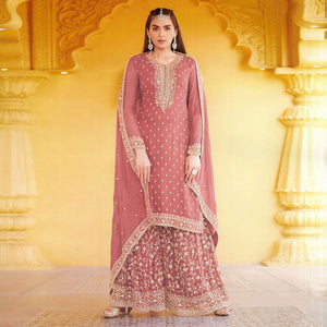 Pink Floral Embroidered Georgette Sharara Suit - Peachmode