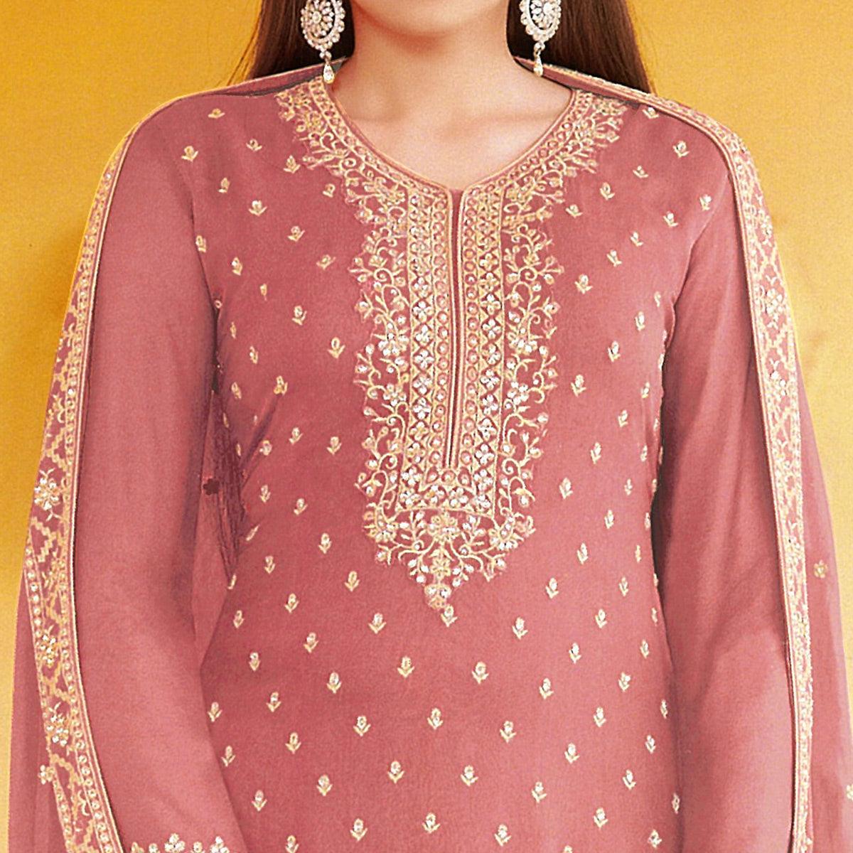 Pink Floral Embroidered Georgette Sharara Suit - Peachmode
