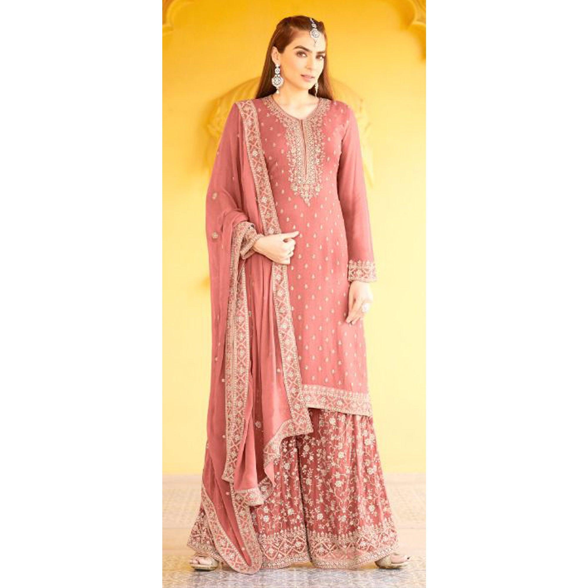Pink Floral Embroidered Georgette Sharara Suit - Peachmode