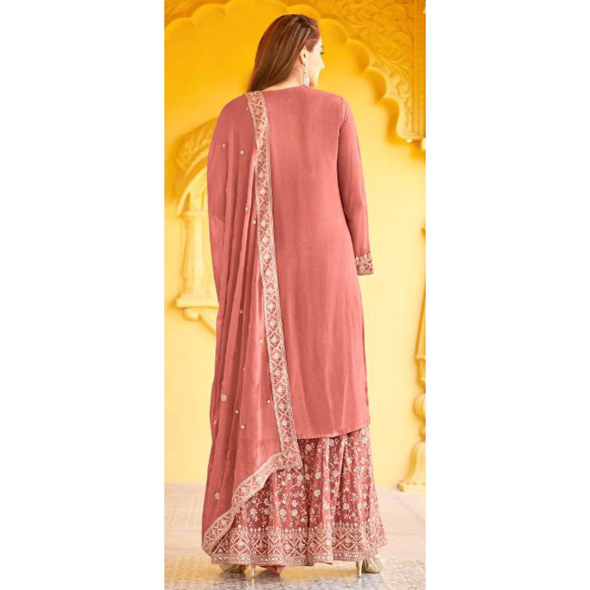Pink Floral Embroidered Georgette Sharara Suit - Peachmode