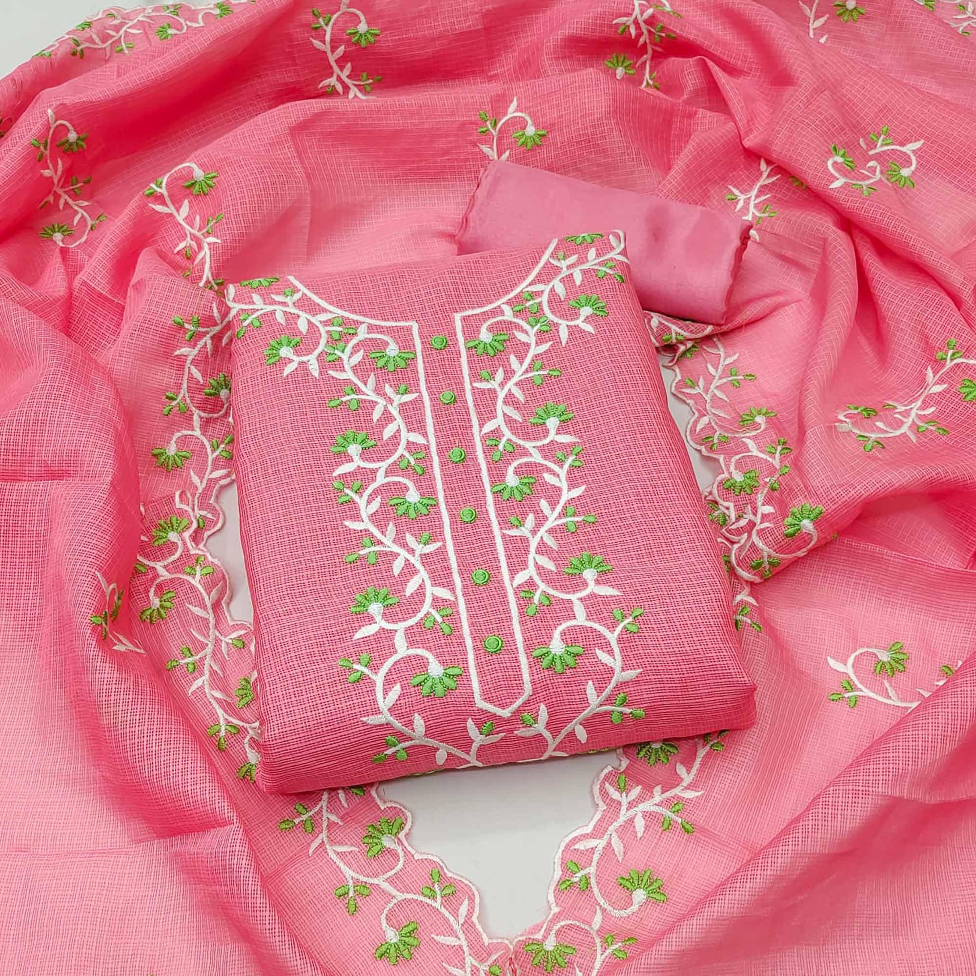 Pink Floral Embroidered Kota Doria Dress Material - Peachmode