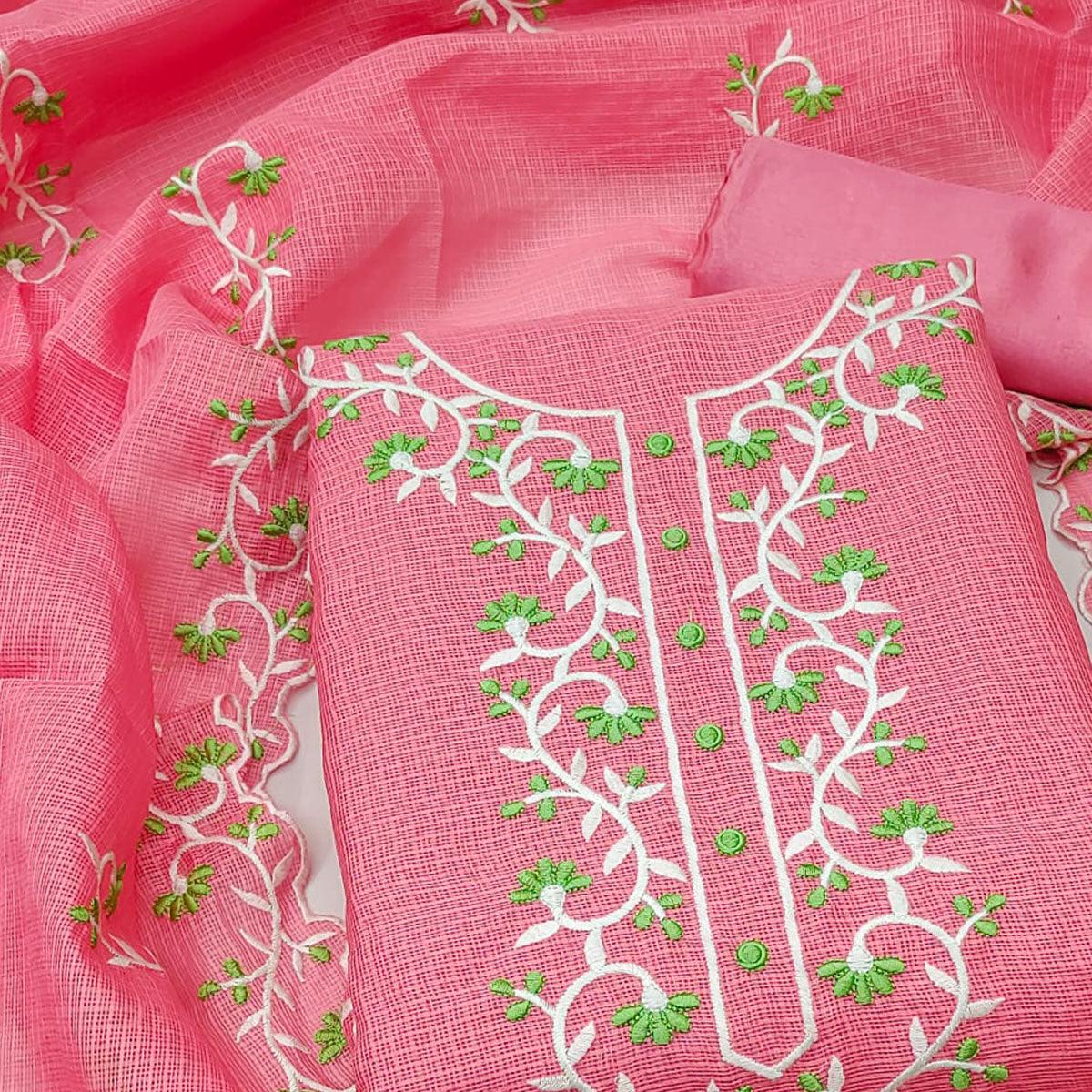 Pink Floral Embroidered Kota Doria Dress Material - Peachmode