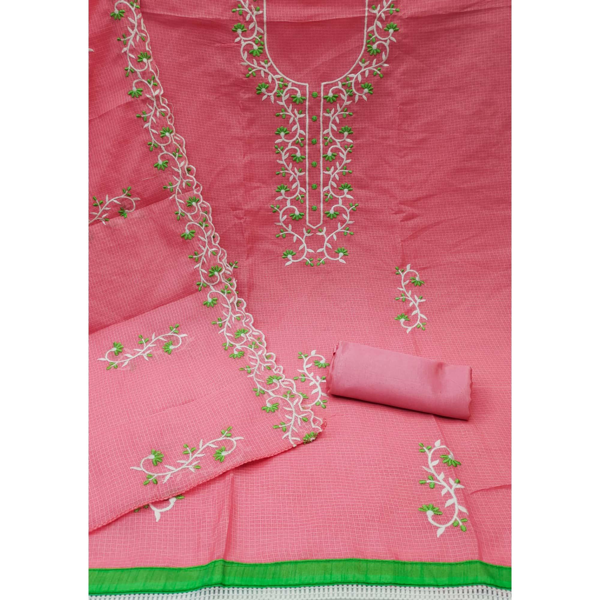 Pink Floral Embroidered Kota Doria Dress Material - Peachmode