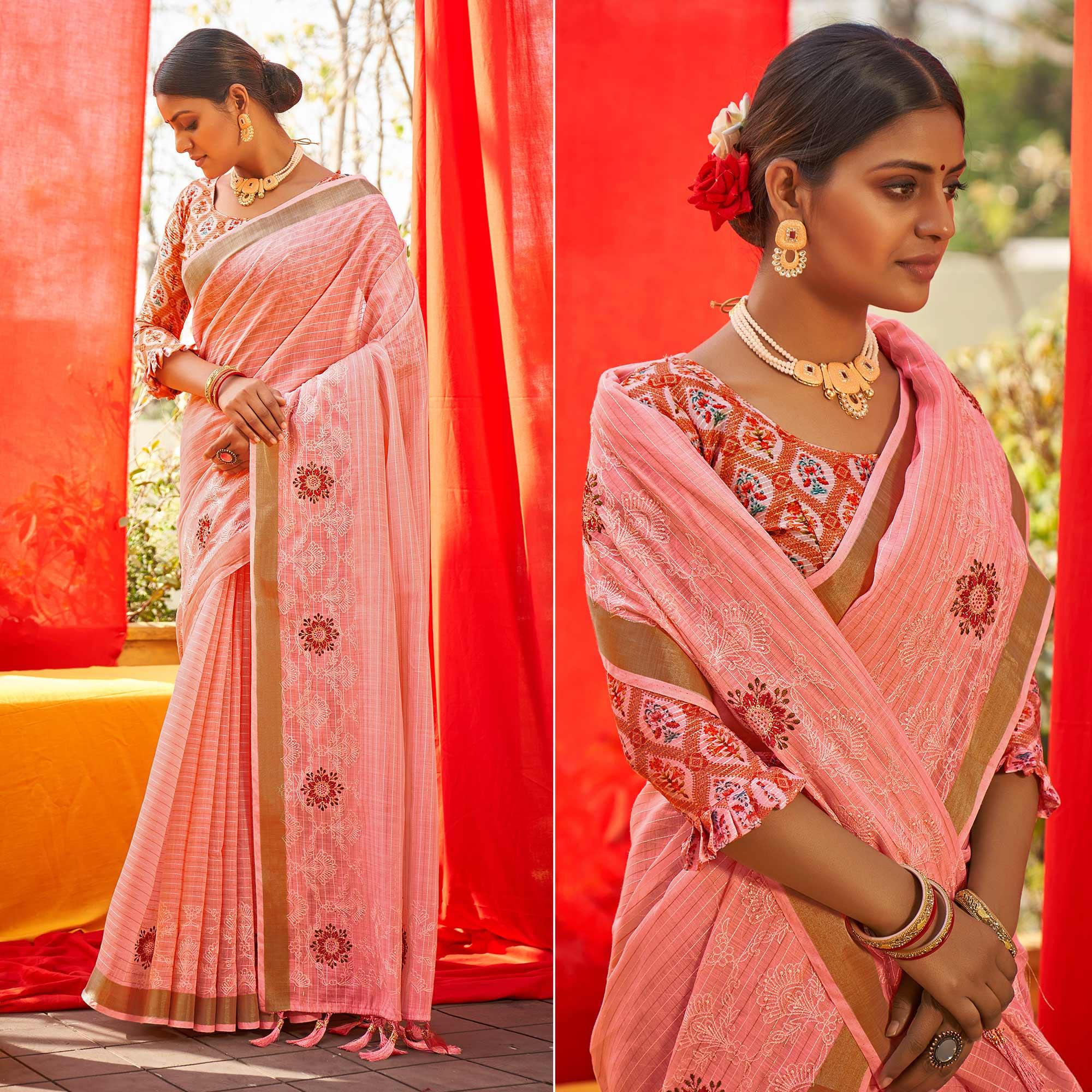 Pink Floral Embroidered Linen Saree - Peachmode