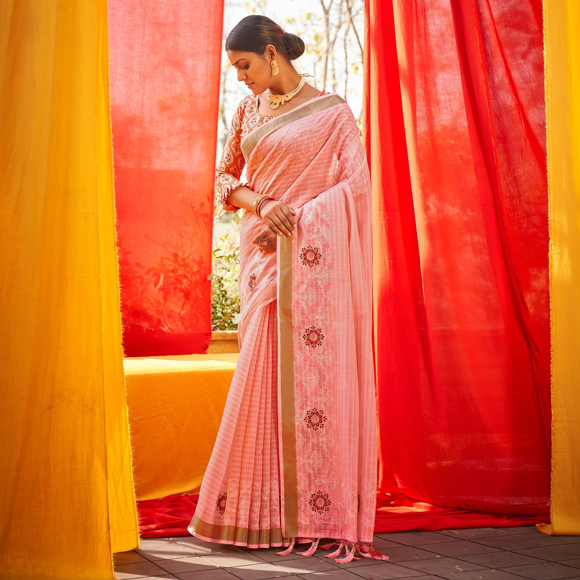 Pink Floral Embroidered Linen Saree - Peachmode