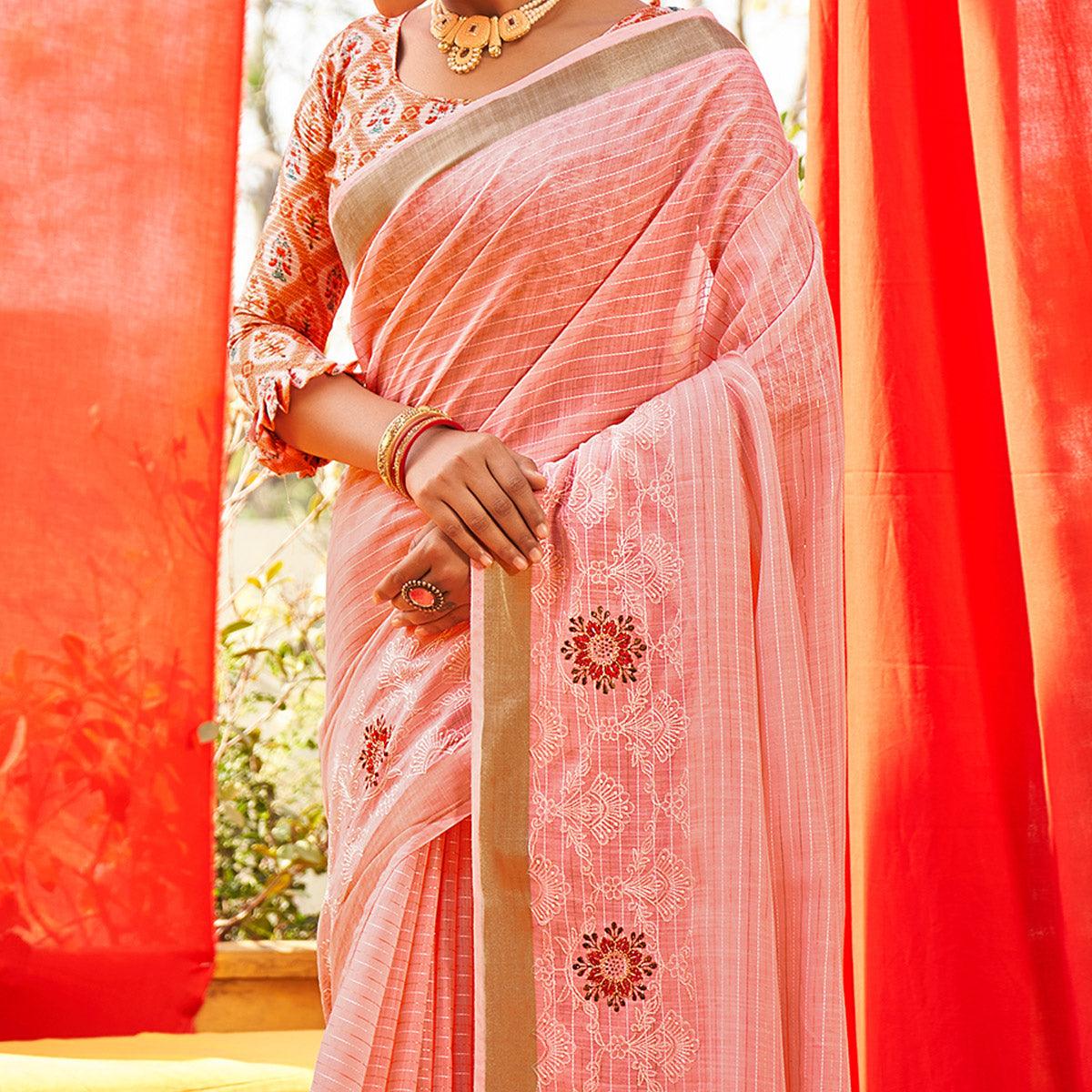 Pink Floral Embroidered Linen Saree - Peachmode