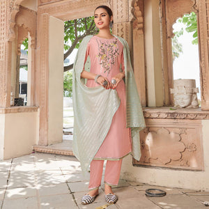 Pink Floral Embroidered Modal Chanderi Partywear Suit - Peachmode