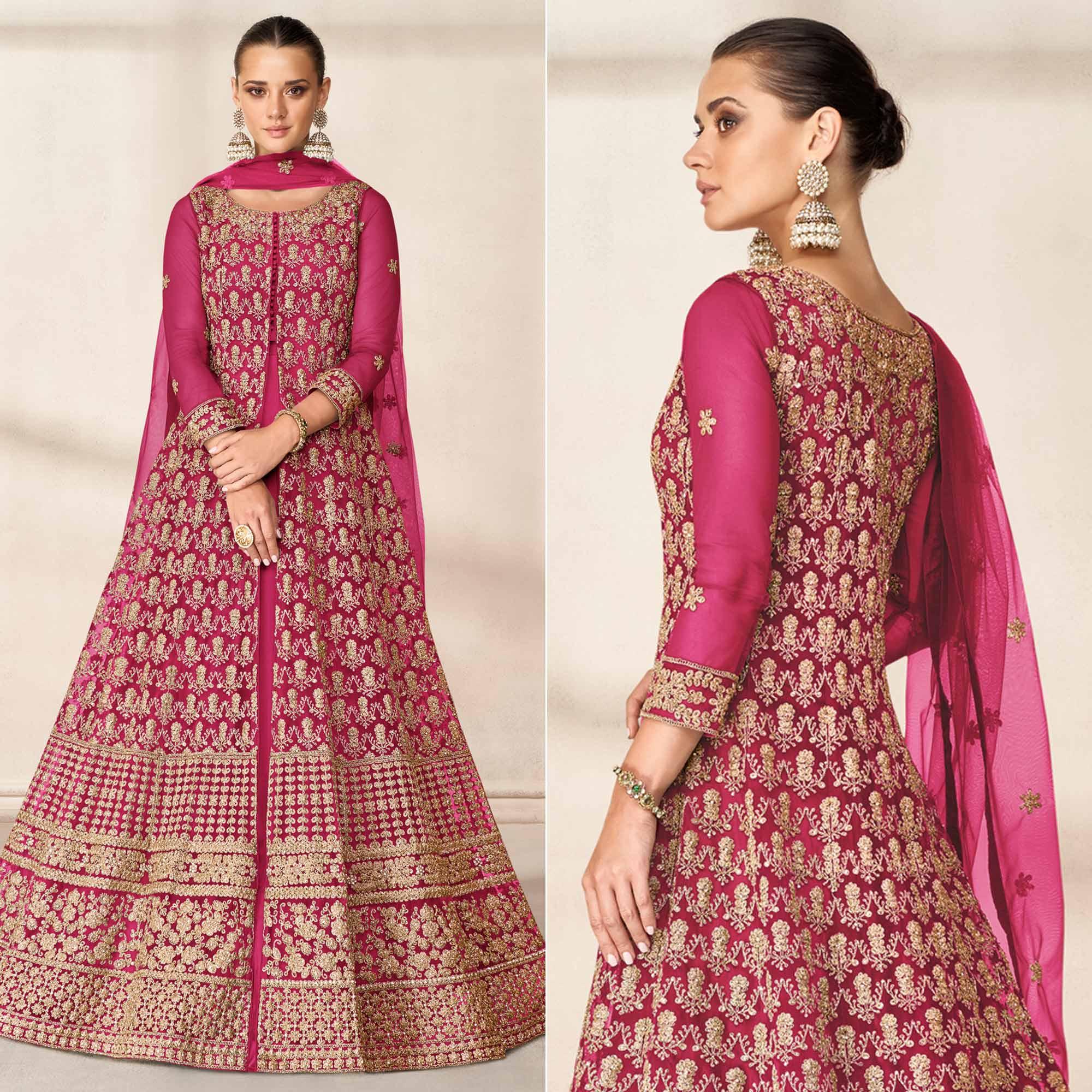 Pink Floral Embroidered Net Anarkali Style Gown - Peachmode