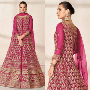 Pink Floral Embroidered Net Anarkali Style Gown - Peachmode