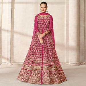 Pink Floral Embroidered Net Anarkali Style Gown - Peachmode