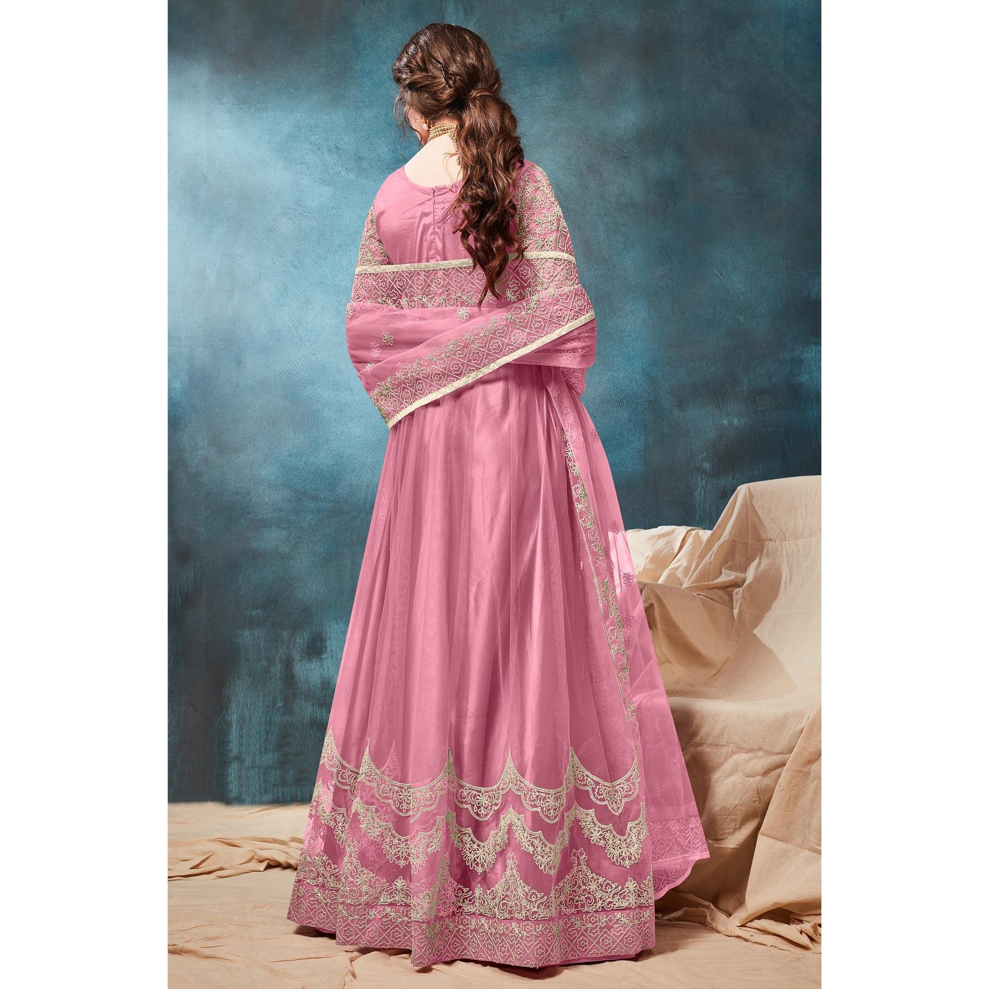 Pink Floral Embroidered Net Anarkali Style Gown - Peachmode