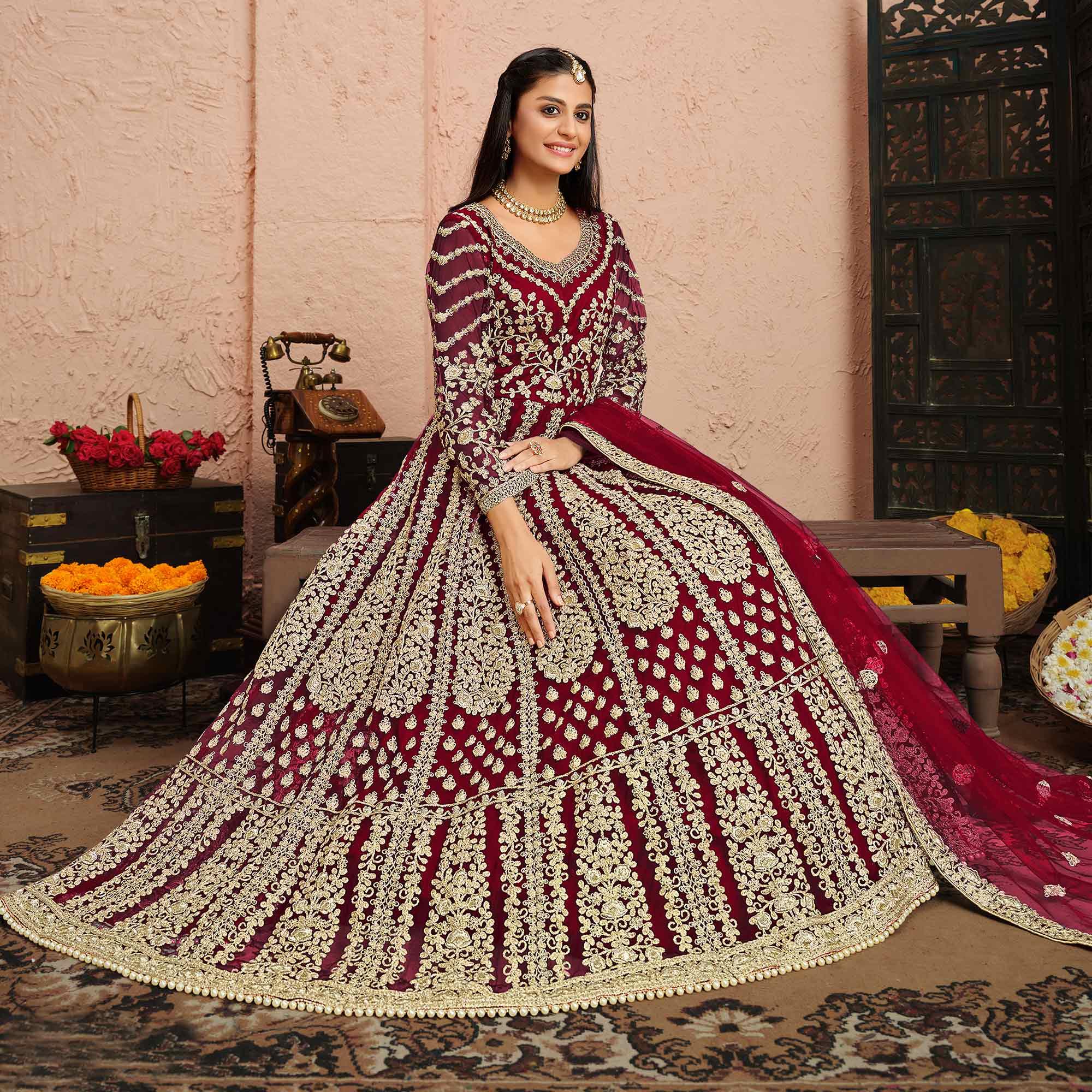 Pink Floral Embroidered Net Anarkali Suit - Peachmode