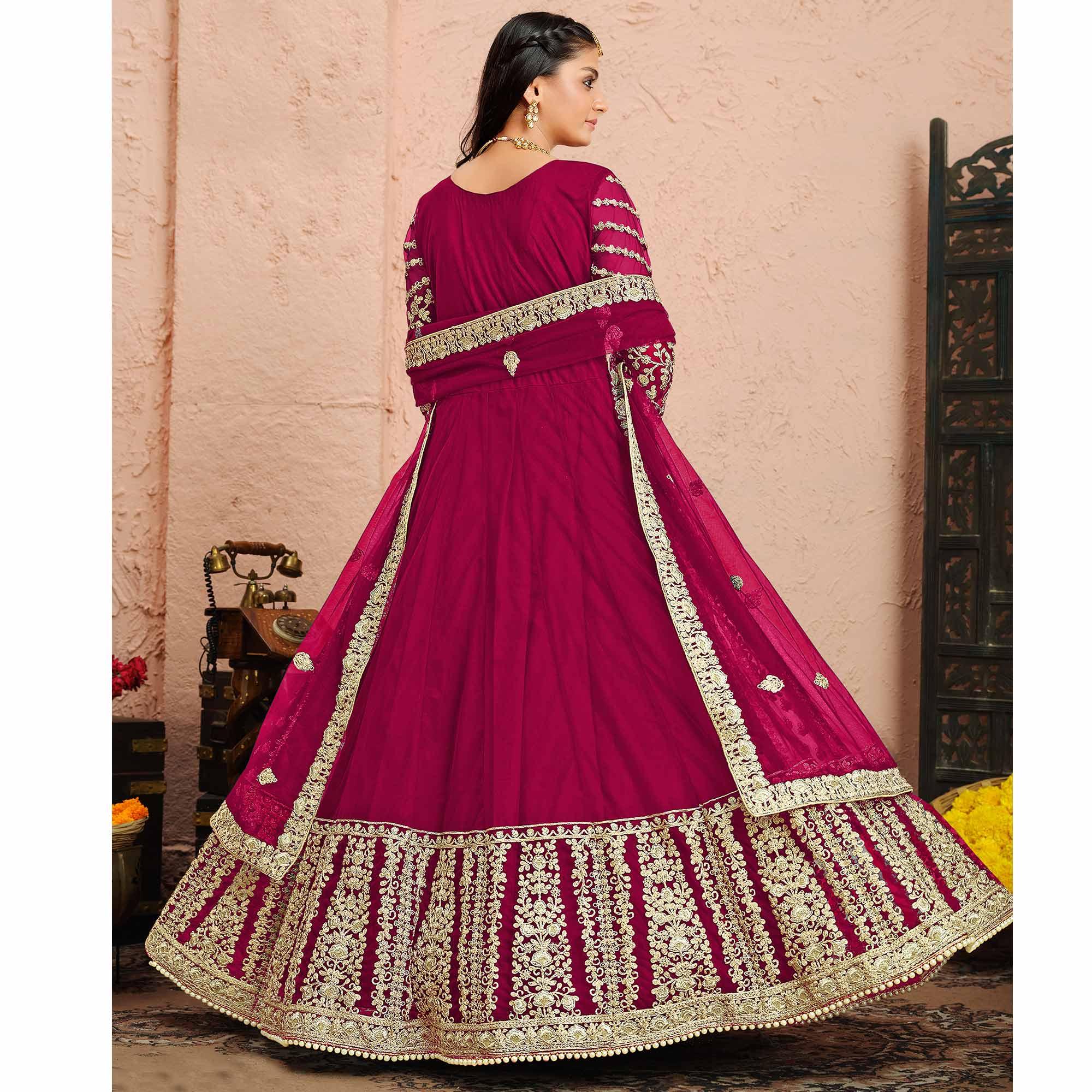 Pink Floral Embroidered Net Anarkali Suit - Peachmode