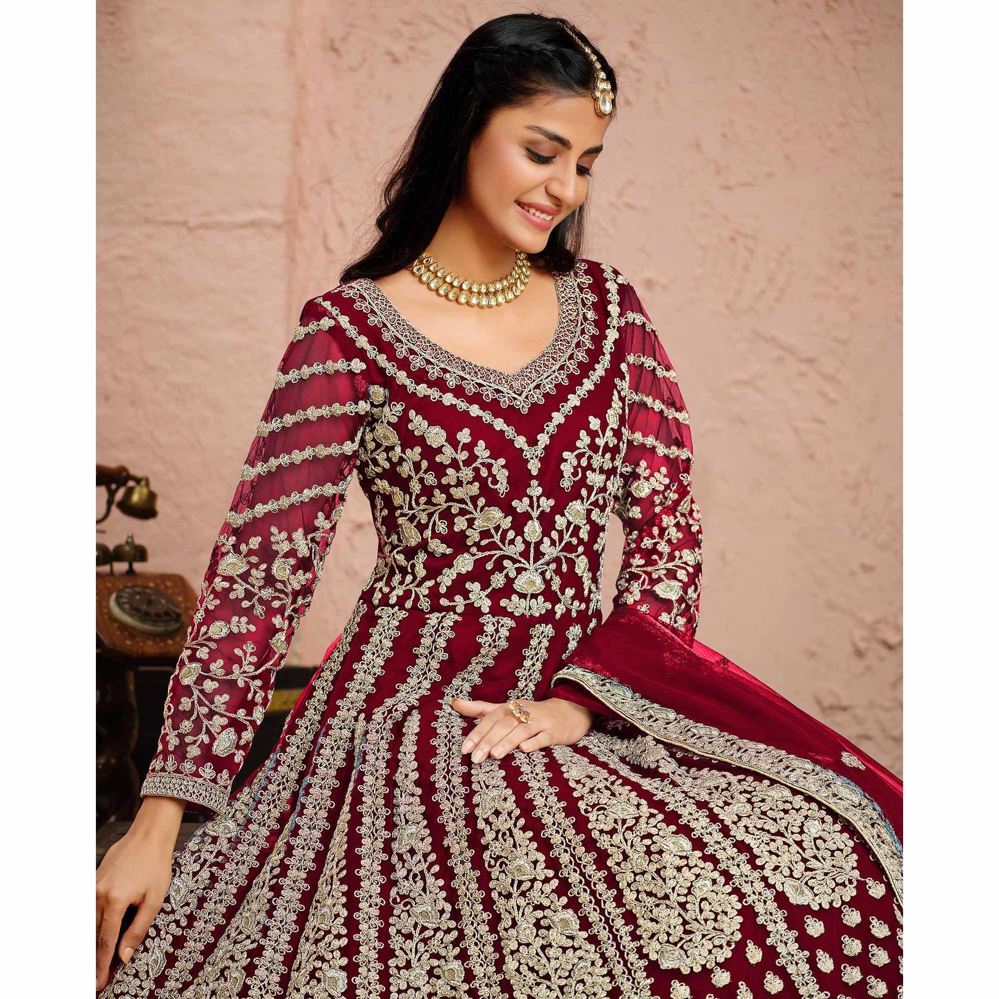 Pink Floral Embroidered Net Anarkali Suit - Peachmode