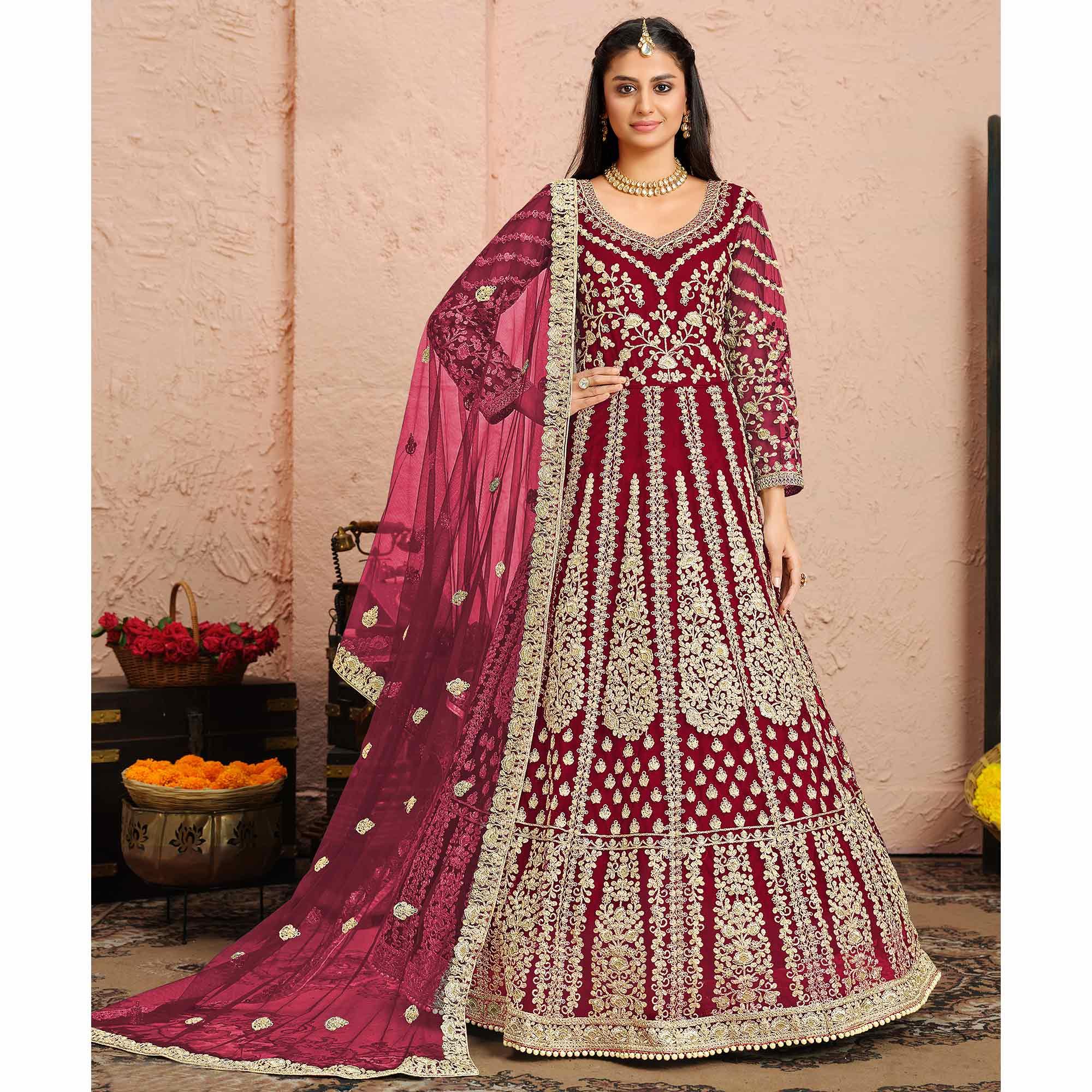 Pink Floral Embroidered Net Anarkali Suit - Peachmode