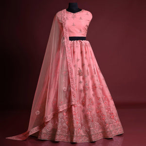 Pink Floral Embroidered Net Lehenga Choli - Peachmode